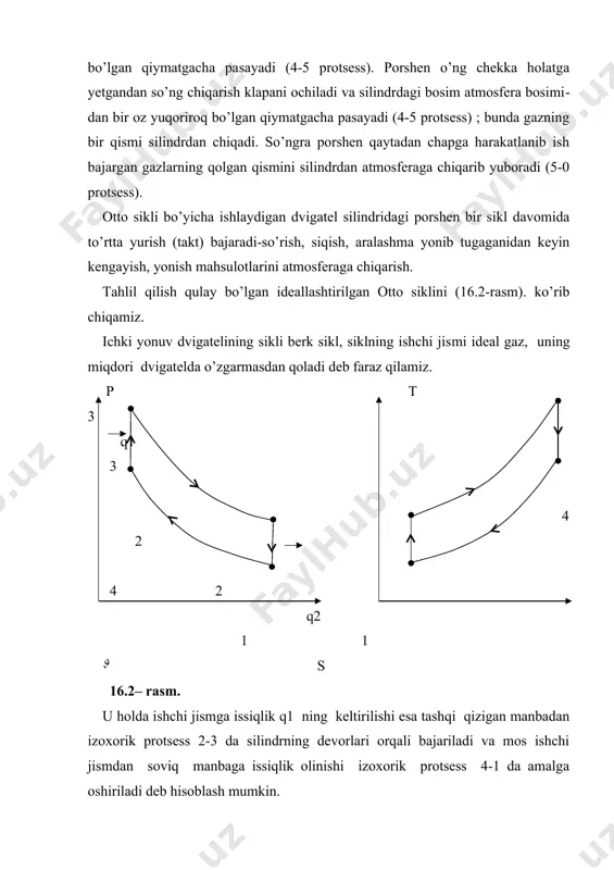 yuk avtomobillarida, samolyotlarda qo’llaniladi. o’zgarmas bosimda issiqlik keltirilishibilan boradigan sikl agar yonuvchi aralashma o’rniga toza havoni siqib, so’ngra esa siqish protsessi tugagandan keyin silindrga yoqilg’i purkalsa, siqish darajasini oshirish mumkin. dizel sikli ayni shu printsipga asoslangan. tahlil qilish qulay bo’lgan ideallashtirilgan dizel siklini (16.3 -rasm) ko’rib chiqamiz. ‘ q1 t 4 q2 1 1 s 8.1 - rasm. 1-2 protsessda dvigatel silindriga so’rilgan havo r2 bosimgacha adiabatik siqiladi. so’ngra havoning kengayish protsessi 2-3 bosh​lanadi va forsunka orqali yoqilg’i (kerosin, solyar moyi) purkaladi. siqilgan havoning yuqori temperaturasi hisobiga yoqilg’i alangala​nadi va o’zgarmas bosimda yonib tugaydi. shuning uchun dizel sikli o’zgarmas bosimda yonib tugaydigan sikl deb ataladi. yoqilg’ini silindrga kiritish protsessi tugaganidan keyin ishchi jism 3- 4 adiabata bo’yicha kengayadi. nuqta 4 ga mos bo’lgan holat​da silindrning chiqarish klapani ochiladi va 4-1 izohora bo’yicha soviq manbaga issiqlik q2 olinishi amalga oshiriladi. bu siklning termik f.i.k. ni issiqlik sig’imlari cp va c hamda …