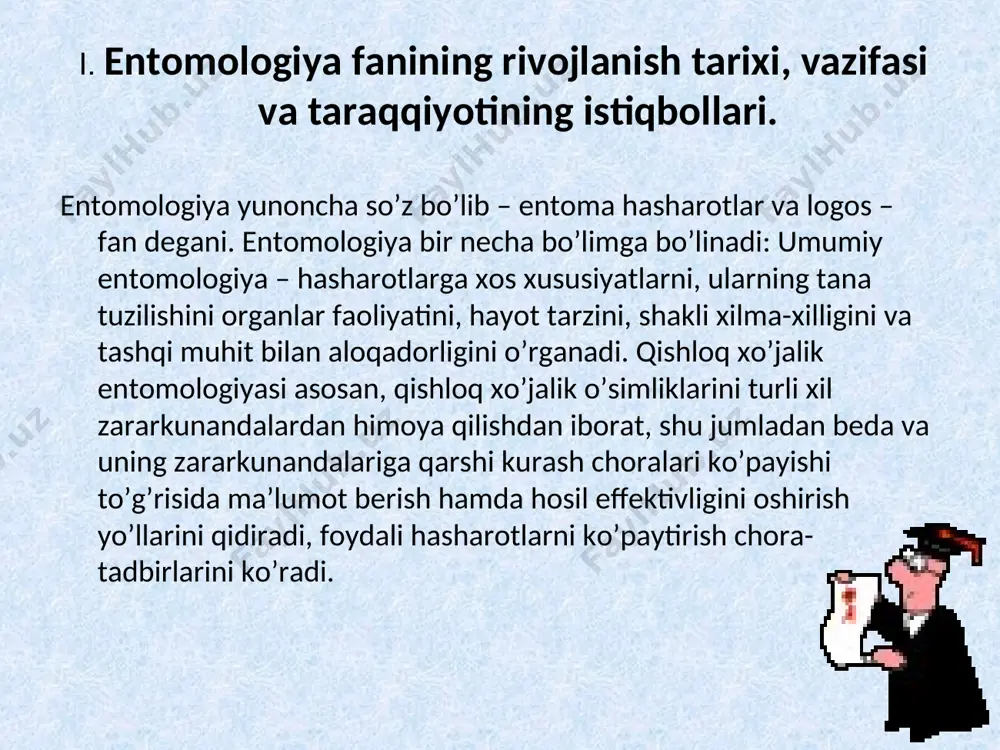 siyalanib ketgan, shunga ko’ra – pterygota – qatoriga kiritiladi. vi bo’lim. beda zararkunandalari va ularga qarshi kurash choralari. markaziy osiyoda bedaga o’simlik bitlarining to’rtta turi zarar yetkazadi, ular jumlasiga acyrthosiphon onobrihis nomli (ko’pincha sinonimi aphispisi ktb deb atalgan) no’xat biti, aphis medicaginis kach – akatsiya biti, theriophis annidis ketnb – xaldor, bit va thrifidaphis taseplipass – ildiz biti kiradi. bulardan tashqari bedaga apis incertamers deb ataladigan bitlar ko’plab tushishi ham aniqlangan. bitlar so’rishi natijasida beda o’simligi juda noziklashib, xashak va urug’ hosil qilmaydi, bit tushgan beda gullash davriga kelib, sog’lom bedaga nisbatan 3-15% gacha bit ko’p tushganda esa 31% gacha o’sishdan orqada qoladi. xoldor bitning zarari xashaki bedada 21-57% gacha, urug’lik bedada 25-77% gacha yetadi. xulosa qishloq xo’jalik hosildorligini pasaytiradigan omillardan biri zararkunanda hasharotlardir. shuning uchun o’simliklarni ulardan himoya qilish dolzarb masalalardan biri hisoblanadi. bu masalaning muhimligini ozbekiston respublikasi oliy majlisining 2000 yil 31-avgustdagi ii chaqiriq iii sessiyasida “qishloq xo’jalik …