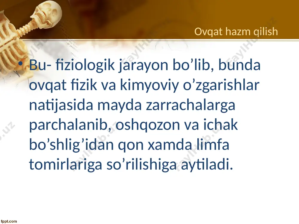 g’idan qizilo’ngachga, xavoni burun bo’shlig’idan –hiqildoqqa o’tkazishdan iborat. qizilo’ngach-vazifasi ovqatni tomoqdan oshqozonga o’tkazishdan iborat. oshqozon (me’da) : sig’imi o’rtacha 2,5 litr shilliq qavati ostida 14 millionga yaqin bezchalar bor oshqozon 4 qismdan : kirish qismi, tub qismi, tana qismi va pilorik (chiqish) qismlardan iborat oshqozondan meda suyuqligi chiqadi meda suyuqligining tarkibi: fermentlar, pepsin-oqsilni amino kislotagacha, shilliq-, ichakni shilliq qavatini mexanik va ximik tasirdan saqliydi, xlorid kislota(hcl), ovqatni zararsizlantiradi o’n ikki barmoqli ichak: uzunligi voyaga etganlarda 25-30 sm ni tashkil etadi, ingichka ichakichak: o’n ikki barmoqli ichakning davomi bo’lib, uzunligi voyaga etgan bolalarda 5-6 metrga tengdir. ingichka ichakda oziqni hazim qilishi: bu ichak devorida vorsinkalar deb ataladigan mayda so’rg’ichlar bor, hazm bo’lgan ovqatni qonga so’rilishini ta’minlaydi. ichakning butun yuzasida 4 millionga yaqin vorsinkalar bo’ladi. ingichka ichakda ovqat 6-8 soat atrofida saqlanadi. yo’g’on ichak: uzunligi = 1,5 м bolalarda dastlab yo’g’on ichak ancha nozik va kalta bo’ladi so’ngra yo’g’on va uzunlashadi. bu …