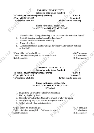 biznes statistikasini boshqarish — DOCX