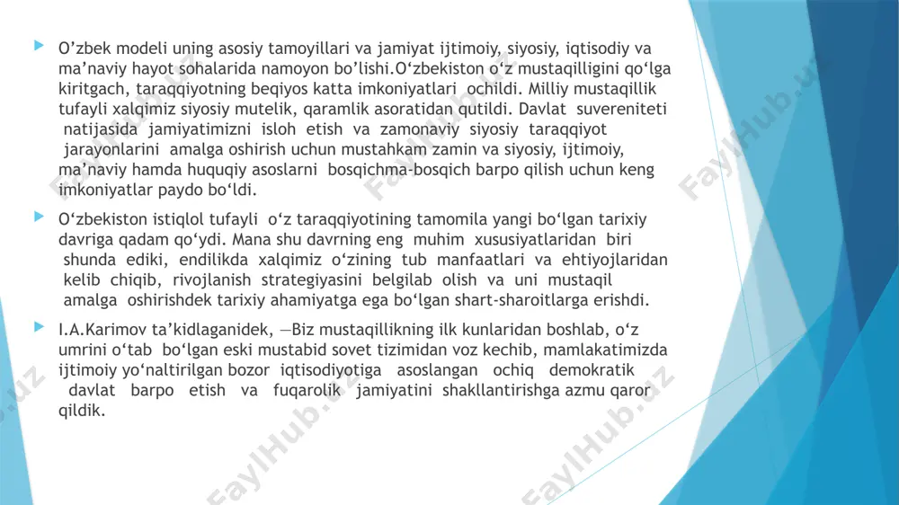iga, milliy taraqqiyot modeliga tayanishi lozim bo‘ladi. faqat shunday holatdagina mamlakatning demokratik taraqqiyoti kutilgan ijobiy natijalarni beradi. i.a.karimov rahnamoligida jamiyatimizda demokratik islohotlarni amalga oshirishda tadrijiy taraqqiyot uslublariga asoslanildi. unga ko‘ra, demokratiya g‘oyasi va uning institutlari jamiyatimiz bag‘rida bosqichma-bosqich evolyusion tarzda rivojlantira boshlandi. taraqqiyotning o‘zbek modeli g‘oyasiga ko‘ra, yurtimizda yangi jamiyatni barpo etish uchun amalga oshiriladigan barcha islohotlar zaminiga inson omili qo‘yildi. ya’ni ―islohot islohot uchun emas, balki, inson manfaatlari, uning, erki va farovonligi uchun, degan g‘oya barcha yangilanishlarning asosiy o‘zagi etib belgilandi. shu munosabat bilan qurilayotgan yangi mustaqil davlat va jamiyatning asosiy bunyodkori ham, iste’molchisi ham mana shu yurtning erkin xalqi degan prinsip mamlakatimiz taraqqiyot strategiyasining markazida turuvchi omildir. mazkur asos zaminida bilan taraqqiyotning o‘zbek modelini amalga oshirishning etakchi shartlaridan biri sifatida ma’naviy qadriyatlar va milliy o‘zlikni anglashni tiklash va rivojlantirish vazifalari belgilab olindi. etiboringiz uchun raxmat image1.jpeg image2.jpeg image3.jpeg /docprops/thumbnail.jpeg