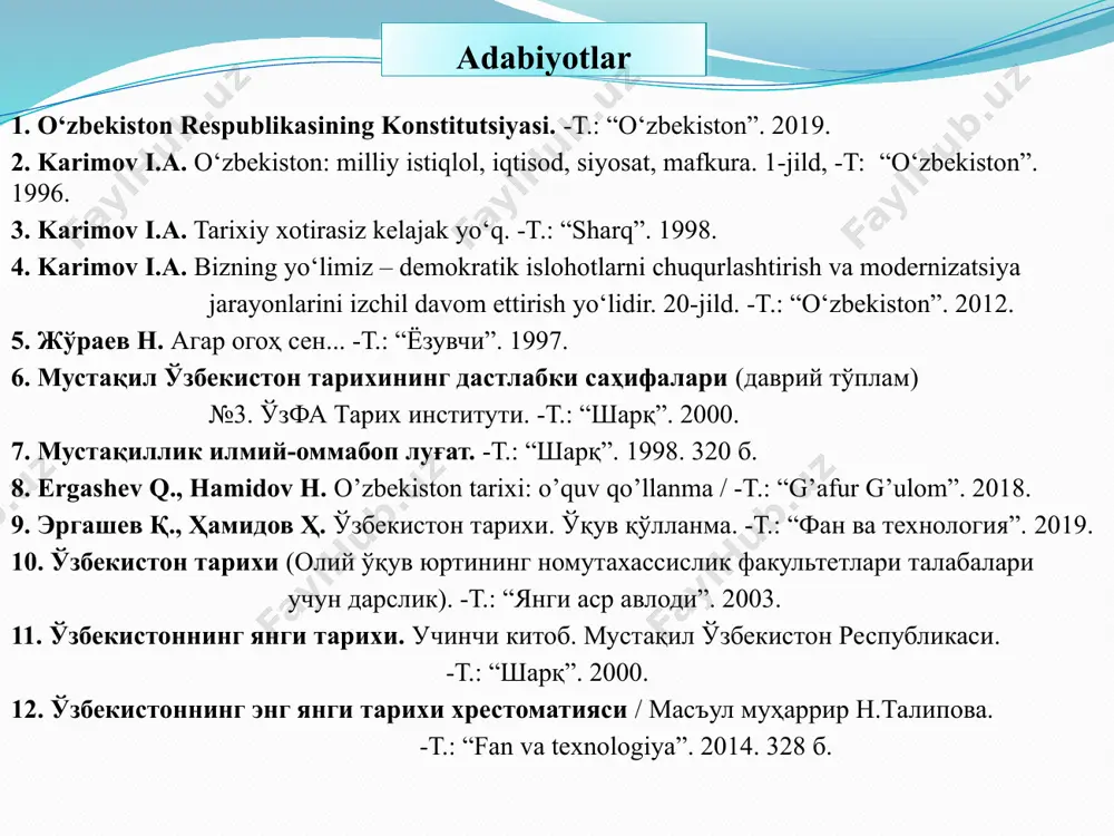xalq hokimiyatchiligi. 7-14 moddalar iii bob. konstitusiya va qonunlarning ustunligi. 15-16 moddalar iv bob. tashqi siyosat. 17-modda ikkinchi bo‘lim inson va fuqarolarning asosiy huquqlari, erkinliklari va burchlari v bob. umumiy qoidalar. 18-20 moddalar vi bob. fuqarolik. 21-23 moddalar vii bob. shaxsiy huquq va erkinliklar 24-31 moddalar viii bob. siyosiy huquqlar. 32-35 moddalar ix bob. iqtisodiy va ijtimoiy huquqlar. 36-42 moddalar x bob. inson huquqlari va erkinliklarining kafolatlari. 43-46 moddalar xi bob. fuqarolarning burchlari. 47-52 moddalar uchinchi bo‘lim jamiyat va shaxs xii bob. jamiyatning iqtisodiy negizlari. 53-55 moddalar xiii bob. jamoat birlashmalari. 56-62 moddalar xiv bob. oila. 63-66 moddalar xv bob. ommaviy axborot vositalari. 67-modda o’zbekiston respublikasi konstitutsiyasining tarkibi to‘rtinchi bo‘lim ma’muriy-hududiy va davlat tuzilishi xvi bob. o‘zbekiston respublikasining ma’muriy-hududiy tuzilishi. 68-69 moddalar xvii bob. qoraqalpog‘iston respublikasi. 70-75 moddalar beshinchi bo‘lim davlat hokimiyatining tashkil etilishi xviii bob. o‘zbekiston respublikasi oliy majlisi. 76-88 moddalar xix bob. o‘zbekiston respublikasining prezidenti. 89-97 moddalar xx …