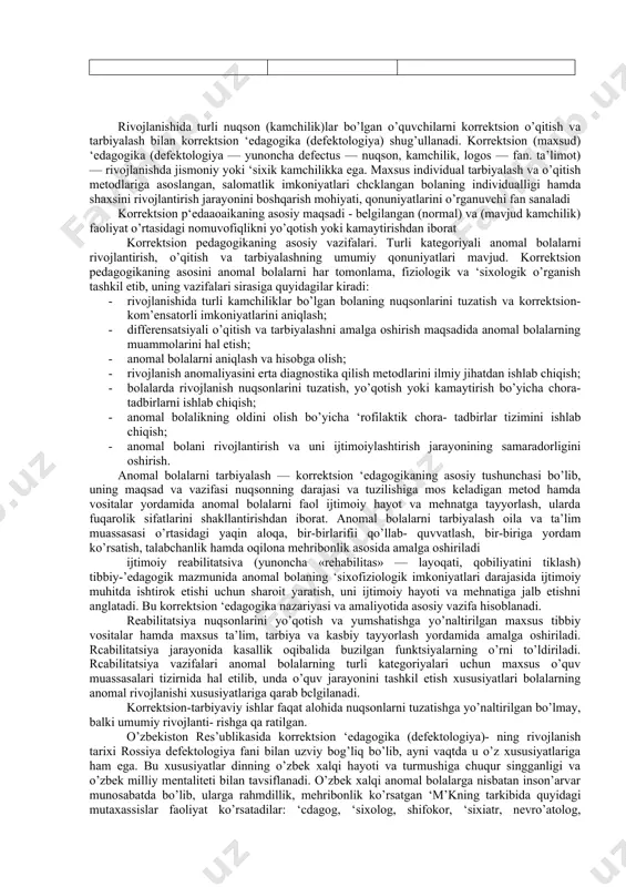 ektsiya” o’quv fanining predmeti “pedagogik diagnostika va korrektsiya” o’quv fanining obhekti sifatida o’quvchi (bola) ko’zda tutilganda pedagog ko’zda tutilganda tahlim va tarbiya sharoiti ko’zda tutilganda o’quv fanining obhekti quyidagicha belgilanadi: o’quvchi (bola)ning o’ziga xos (shaxsiy) xususiyatlari; tahlim olganlik, tarbiyalanganlik, rivojlanganlik, faoliyat ko’nikmalari, qiziqish, xohish-istak va mayllari, tipologik xususiyatlari, xulq-atvorining namoyon bo’lish darajalari; uning tengdoshlari hamda kattalar bilan munosabatining o’ziga xosliklari pedagogning kasbiy kompetentligi, shaxsiy xususiyatlari, o’quvchi (bola)lar bilan munosabatining o’ziga xosliklari turli yosh davridagi shaxsni o’qitish metodlari; mikro guruhdagi muhit; muayyan yosh davridagi shaxsni shaxsga beriladigan tahlim (tarbiya) mazmuni hamda tahlim (tarbiya) vositalari, texnologiyalari; shaxsning rivojlanishiga turli omillar, xususan, oilaning tahsiri rivojlanishida turli nuqson (kamchilik)lar bo’lgan o’quvchilarni korrektsion o’qitish va tarbiyalash bilan korrektsion ‘edagogika (defektologiya) shug’ullanadi. korrektsion (maxsud) ‘edagogika (defektologiya — yunoncha defectus — nuqson, kamchilik, logos — fan. ta’limot) — rivojlanishda jismoniy yoki ‘sixik kamchilikka ega. maxsus individual tarbiyalash va o’qitish metodlariga asoslangan, salomatlik imkoniyatlari chcklangan bolaning individualligi hamda …