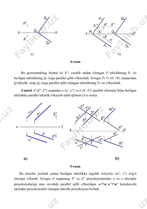 kisliklarning izlari birinchi oktantda kesishmasa u holda bir nomli izlarini davom ettirib ularning kesishuv nuqtasini boshqa oktantda topish bilan kesishuv chizig'i nuqtalarining proyeksiyalarini yasash mumkin. masalan, t (th, tv) va p (ph, pv) tekisliklarning (8-rasm) gorizontal izlari tn va pn ikkinchi oktantda kesishadi. kesishuvchi tekisliklarning biri gorizontal tekislik bo'lsa, bu tekisliklar gorizontal chiziq bo'yicha kesishadi. 8-rasm 9-a,b-rasmda umumiy vaziyatdagi t tekislik bilan h1 gorizontal tekislikning kesishish chizig'i h gorizontal bo'ladi. agar umumiy vaziyatdagi tekislik frontal tekislik bilan kesishgan bo'lsa, bu tekisliklar frontal bo'yicha kesishadi. ammo kesishuvchi tekisliklarning biri proyeksiyalovchi tekislik bo'lsa, proyeksiyalovchi tekislikning xossasiga muvofiq, ularning kesishish chizig'ining proyeksiyalaridan biri proyeksiyalovchi tekislikning izida bo'ladi (10-rasm). 9-rasm kesishuvchi tekisliklarning bir nomli izlari chizma chegarasida kesishmasa, ularning kesishish chizig'ini yordamchi tekisliklar vositasida aniqlash mumkin. masalan, umumiy vaziyatdagi р(рн, pv) va t(th, тv) tekisliklarning kesishish chizig'ini yasash uchun h1 gorizontal va v1, frontal tekisliklardan foydaianiladi (11-rasm). 10-rasm 11-rasm 12-a,b-rasmdagi umumiy vaziyatdagi a ∥b …