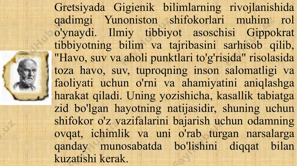 o'sha paytga qadar evropada tarqalgan xristian dini ham gigienaning rivojlanishiga o'z hissasini qo'shmadi, chunki u asketizm va o'z-o'zini rad etishni targ'ib qilib, tana va sog'liq haqida g'amxo'rlik qilishni ikkinchi darajali va hatto gunohkor ish deb e'lon qildi. aholi punktlari va ayniqsa, shaharlar antisanitar holatda saqlangan. kanalizatsiya yoki oqava suv yo'q edi; barcha oqova suvlar, shu jumladan maishiy suvlar ham tashqariga tashlandi va ko'chalarga quyildi. shaxsiy gigiena juda past darajada edi, vannalar deyarli yo'q edi, ichki kiyim va choyshablar hatto jamiyatning yuqori qatlamlarida ham ishlatilmadi; parazit hasharotlar keng tarqalgan edi. bitlardan bolalar o'limi hatto qirol oilalarida ham sodir bo'lgan. xurofot, axloqsizlik va nopoklik, aholi o'rtasida asosiy gigiena ko'nikmalarining yo'qligi yuqumli kasalliklar - vabo, chechak, moxov, jinsiy yo'l bilan yuqadigan kasalliklar va boshqalarning paydo bo'lishiga va tarqalishiga yordam berdi. faqat bir necha fan va madaniyat markazlari qadimgi olimlar merosini saqlash va rivojlantirishni davom ettirdilar. ix-asrdan boshlab italiyada gippokrat va galen g'oyalari keng …