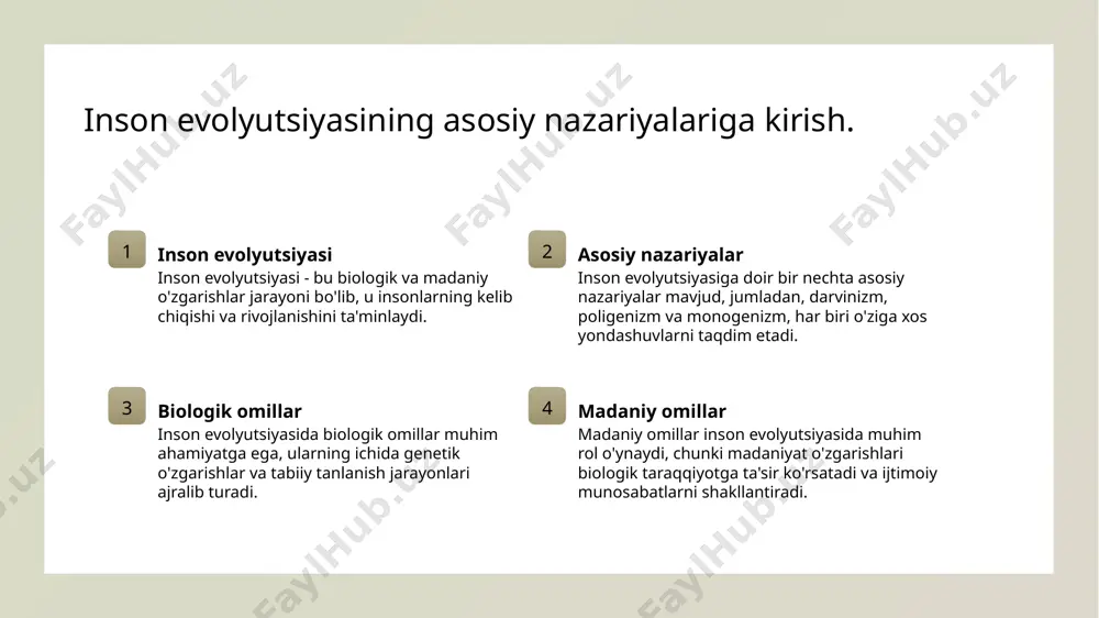 evolyutsiyasida madaniyatning roli, biologik o'zgarishlarga ta'sir ko'rsatib, madaniy taraqqiyot va biologik taraqqiyot o'rtasida o'zaro bog'liqlikni namoyon etadi. 4 ta'sir va ahamiyat alekseev gipotezalari, inson evolyutsiyasining murakkabligini tushunishga yordam berib, biologik va madaniy rivojlanish jarayonlarini birlashtiradi, bu esa yangi ilmiy yo'nalishlarni ochadi. inson evolyutsiyasi: biologik omillar va ularning madaniy taraqqiyotga ta'siri. 1 biologik o'zgarishlar inson evolyutsiyasida biologik o'zgarishlar, genetik mutatsiyalar va irsiy xususiyatlar, biologik adaptatsiya jarayonlari orqali yuzaga keladi. 2 madaniy ta'sir madaniy taraqqiyot, asboblar yaratish va ijtimoiy tuzilmalar orqali biologik o'zgarishlarga ta'sir ko'rsatadi, insonlarni yangi sharoitlarga moslashishga undaydi. 3 o'zaro aloqalar biologik va madaniy omillar o'rtasida o'zaro bog'lanish mavjud; madaniyat biologik evolyutsiyani tezlashtirishi yoki sekinlashtirishi mumkin. madaniyat va biologik taraqqiyot: o'zaro munosabatlar va evolyutsion jarayonlar. 1 madaniyat ta'rifi madaniyat, insonlarning ijtimoiy, ma'rifiy va san'at faoliyatlari natijasida shakllanadigan qadriyatlar va an'analar to'plamidir. bu, evolyutsion jarayonlarda muhim rol o'ynaydi. 2 biologik taraqqiyot insonning biologik taraqqiyoti, genetik o'zgarishlar va muhit bilan o'zaro ta'sir …