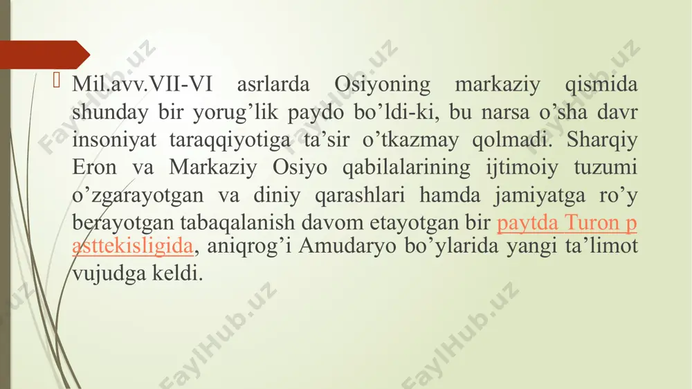 irinchi sinfiy jamiyat, ya’ni quldorlik jamiyati davri endi paydo bo’layotgan davr edi. u urug’chilik tuzumi yemirilib aholi qullar va quldorlarga, zolim va mazlumlarga bo’linayotgan davr bo’lgan. bu din eng avvalo o’rta osiyodan tashqari eron, afg’oniston, ozarbayjon, yaqin va o’rta sharqning bir qancha mamlakatlariga tarqalgan edi. zardushtiylik dinini paydo bo’lgan zamin xorazm vohasida qadimdan bir qancha turkiy elatlar yashab kelgan. bu din mil. avv. vii-vi aslarga xos din sifatida o’zidan oldingi urug’ qabilachilik dinlari negizida paydo bo’lgan din hisoblanadi. zardusht nomi ham turli tadqiqotlarda turlicha keltiriladi. masalan, zaratushtra (ma’nosi- “sariq tuya sohibi”, “zarg’in yorug’lik egasi”), zarduts, zoroastr ko’rinishlarida ham ishlatiladi. zardushtning tarixda bo’lgan yoki bo’lmaganligi to’g’risida ham aniq yechimga kelinmagan. ba’zi tadqiqotchilar uni tarixiy shaxs deya e’tirof etishsa, ba’zilari esa ularda farqli o’laroq uni afsonaviy shaxs deya ta’kidlashadi. u quyi amudaryo hududlarida yashovchi oriy qabilasining yirik urugʻlaridan boʻlmish spitama urug’idan bo’lgan. u 23 yoshidan boshlab jamiyatdagi kamchiliklarga turli xil qabilalarning turli …