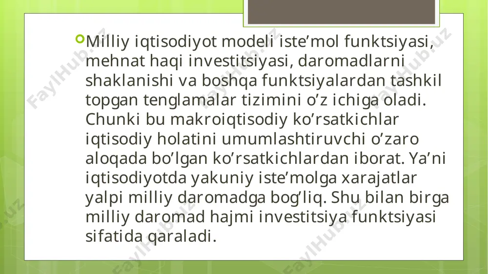 g o’zida bitta tenglamada bog’liq o’zgaruvchi sifatida va boshqasida bog’liq bo’lmagan o’zgaruvchi sifatida qatnashadi. birgalikdagi tenglamalar tizimiga quydagi ko’rinishdagi “baho va ish haki dinamikasi” misol bshlishi mumkin: bir paytli tenglamalar tizimining ko’rinishiga qarab tuzilmaviy model koeffitsientlari turli usullar bilan baholanishi mumkin. ularga: eng kichik kvadratlar egri usuli; eng kichik kvadratlarning ikki qadamli usuli; eng kichik kvadratlarning uch qadamli va boshqa usullar kiradi. e’tiboringiz uchun rahmat!!! image2.tmp image3.tmp image4.tmp image5.tmp image6.tmp image7.tmp image8.tmp image9.jpeg /docprops/thumbnail.jpeg