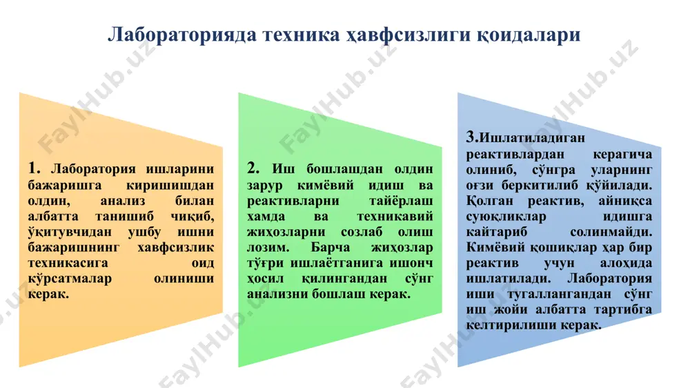 ҳамда улардан фойдаланишни ўрганиш кимёвий лабораторияларда энг кўп фойдаланиладиган турли ўлчамли идиш - конуссимон колба ҳисобланади. ушбу колбаларнинг ҳажми 50 дан то 2000 мл гача боради. конуссимон колбалар лаборатория асбоб-ускуна ва жиҳозлари билан танишиш ҳамда улардан фойдаланишни ўрганиш ҳажми 50, 100,250, 500, 750, 1000, 3000мл гача бўлади. кимёвий анализлар учун сўримлар тайёрлашда, титрлаш учун эритмалар қуйиш учун ишлатилади таги текис думалоқ колбалар лаборатория асбоб-ускуна ва жиҳозлари билан танишиш ҳамда улардан фойдаланишни ўрганиш бундай колбалар ҳам кимёвий анализларда муҳим бўлган идишларга киради. бу колбаларнинг ҳам ҳажми 50 дан то 2000 мл гача боради. кимёвий анализларда эритмаларни аниқ ўлчаб олиш, суюлтириш ва бошқа мақсадлар учун албатта ўлчов колбаларидан фойдаланилади. бундай колбаларнинг бошқа колбалардан фарқи, колбанинг бўйин қисми анча узун бўлиб, белги кўйилган бўлади. бундан ҳар бир колбанинг ён томонида иссиққа чидамлилик хусусияти кўрсатилган бўлади, “тс” билан белгиланади. ўлчов колбалари лаборатория асбоб-ускуна ва жиҳозлари билан танишиш ҳамда улардан фойдаланишни ўрганиш миқдорий анализларда қўлланиладиган …
