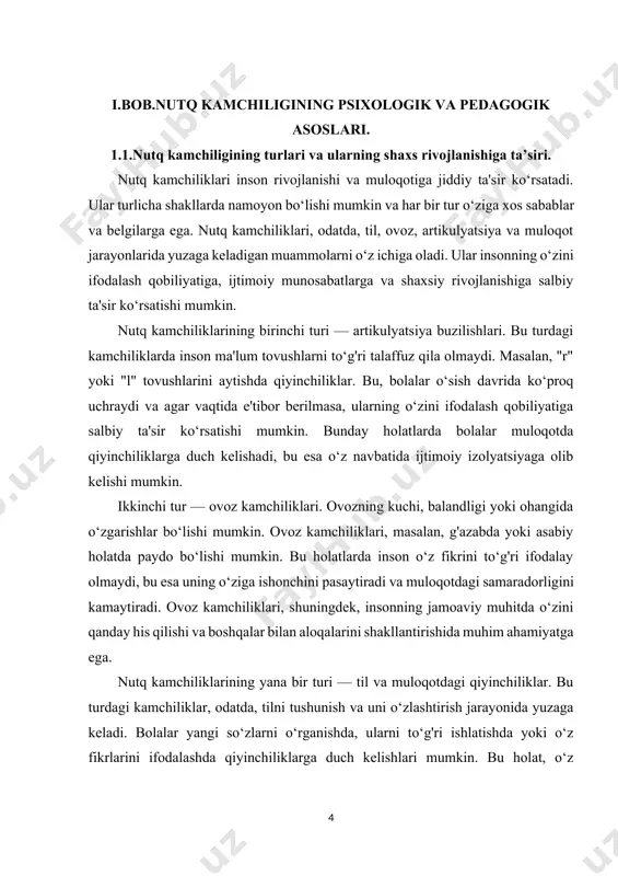 . genetik omillar, ekologik sharoitlar, o‘zaro munosabatlar va ta'lim jarayoni — bularning barchasi nutq kamchiliklarining yuzaga kelishiga ta'sir qiladi. shuningdek, muloqotdagi kamchiliklar psixologik omillar, masalan, stress yoki depressiya bilan ham bog'liq bo‘lishi mumkin. bunday holatlarda inson o‘z fikrlarini ifodalashda qiyinchiliklarga duch kelishi va natijada ijtimoiy izolyatsiyaga olib kelishi mumkin.nutq kamchiliklari shaxs rivojlanishiga jiddiy ta'sir ko‘rsatishi mumkin. ular insonning o‘ziga bo‘lgan ishonchini pasaytiradi, muloqotdagi faolligini kamaytiradi va do‘stlik munosabatlariga salbiy ta'sir qiladi. muloqotda qiyinchiliklar, shuningdek, o‘qish va yozish jarayonlariga ham ta'sir ko‘rsatishi mumkin, bu esa akademik muvaffaqiyatga salbiy ta'sir qiladi.nutq kamchiliklarini bartaraf etish uchun turli xil usullar mavjud. logopediya, psixologik yordam, shuningdek, oilaviy va ijtimoiy qo‘llab-quvvatlash — bular nutq kamchiliklarini bartaraf etishda yordam berishi mumkin. nutqni rivojlantirishda muhim ahamiyatga ega bo‘lgan mashqlar va o‘yinlar orqali bolalarning o‘zlarini ifodalash qobiliyatini yaxshilash mumkin. shuningdek, ijtimoiy muhitda faol ishtirok etish, do‘stlar bilan muloqot qilish va o‘z fikrlarini erkin ifodalash imkoniyatlarini yaratish ham muhimdir.nutq kamchiliklari …