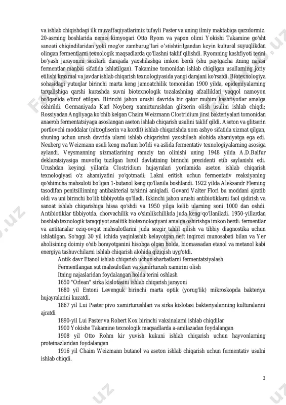 inchi va ikkinchi jahon urushlari katta ta'sir ko'rsatdi: olimlar yangi antibiotiklar va erituvchilarni ishlab chiqarish usullarini ishlab chiqish bilan faol shug'ullandilar. zamonaviy biotexnologiya o'zining muvaffaqiyati uchun asosan biokimyo, genetika va hujayra biologiyasidagi kashfiyotlar, gen muhandisligi usullarining rivojlanishi (1970-yillar), shuningdek, yangi yo'nalishlar, xususan, bioinformatika va proteomikaning paydo bo'lishi bilan bog'liq. biotexnologiya fanining kuzatilayotgan rivojlanish sur'atlari uning "yangi ming yillik fani"ga aylanishidan dalolat beradi. biotexnologiya birinchi marta 1919 yilda karoli ereki tomonidan qo'llanilgan, tirik organizmlar yordamida xom ashyodan mahsulot ishlab chiqarish. yigirmanchi asrning boshlarida olimlar mikrobiologiya haqida ko'proq tushunchaga ega bo'lishdi va muayyan mahsulotlarni ishlab chiqarish usullarini o'rganishdi. 1917-yilda chaim weizmann birinchi marta sanoat jarayonida sof mikrobiologik kulturadan, ya'ni clostridium acetobutylicum yordamida makkajo'xori kraxmalini ishlab chiqarishda, buyuk britaniya birinchi jahon urushi paytida portlovchi moddalar ishlab chiqarish uchun juda zarur bo'lgan aseton ishlab chiqarish uchun foydalangan. biotexnologiya ham antibiotiklarning rivojlanishiga olib keldi. 1928 yilda aleksandr fleming penicillium mog'orini topdi. uning ishi xovard flori, …