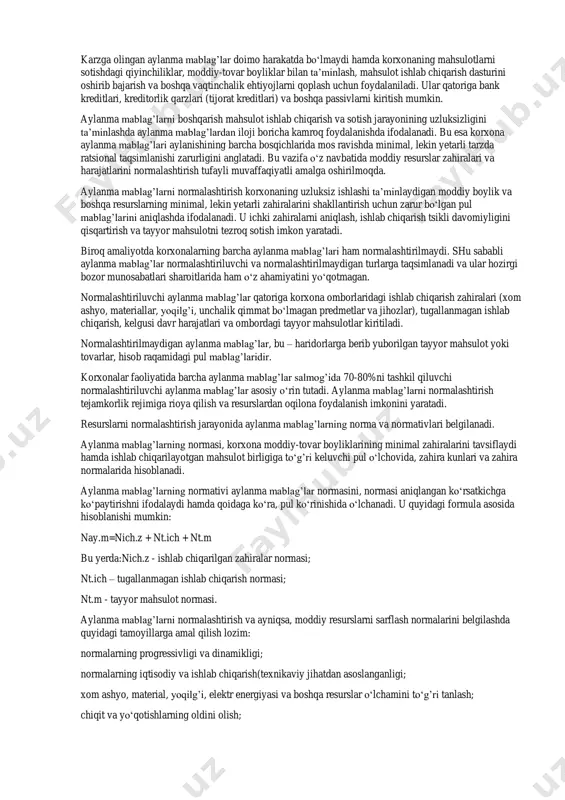 irish bilan bog’liq bo‘lgan chora-tadbirlar kiritiladi. aylanma mablag’lar va ularning tarkibiy qismlaridan samarali foydalanishning asosiy yo‘nalishlari ish joylarida (brigada, sex va ishlab chiqarish uchastkalarida) bitta miqdordagi xom ashyo va materiallardan tayyorlanuvchi yakuniy mahsulotlarni ko‘paytirishdadir. u ishlab chiqarishni texnik jihatdan ta’minlash, xodimlarning malakasi, moddiy-texnika ta’minoti, moddiy resurslar zahiralarini sarflash normalariga bog’liq bo‘ladi. 5.3. aylanma mablag’laridan foydalanish ko‘rsatkichlari aylanma tuzilmalarni rejalashtirish va boshqarishning hozirgi paytdagi amaliyotida ushbu mablag’larning tarkibi va tuzilmasini baholash va tahlil qilishga, shuningdek, ularning funktsional roli va harakatiga katta ehtibor qaratiladi. aylanma ishlab chiqarish fondlari korxona aylanma mablag’larining eng faol qismi bo‘lsa, muomala fondlari ishlab chiqarish jarayonida bevosita ishtirok etmaydi hamda yangi iste’mol qiymatini yaratmaydi. bu yerda umumiy qoida shundayki, aylanma mablag’lar doimo aylanishda bo‘lishi zarur - ularning samaradorligi va korxona iqtisodiyotiga ta’siri aynan shunda ko‘zga tashlanadi. aylanma ishlab chiqarish fondlari korxona aylanma mablag’larining asosiy va salmoqli qismi sifatida o‘z tarkibiga quyidagilarni qamrab oladi: ishlab chiqarish zahiralari – bu …