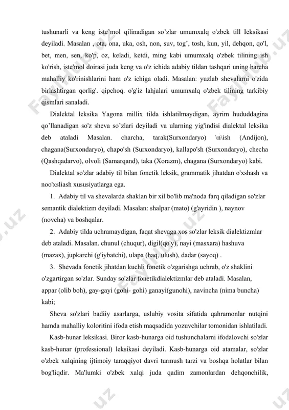 3. shevada fonetik jihatdan kuchli fonetik o'zgarishga uchrab, o'z shaklini o'zgartirgan so'zlar. sunday so'zlar fonetikdialektizmlar deb ataladi. masalan, appar (olib boh), gay-gayi (gohi- gohi) ganayi(gunohi), navincha (nima buncha) kabi; sheva so'zlari badiiy asarlarga, uslubiy vosita sifatida qahramonlar nutqini hamda mahalliy koloritini ifoda etish maqsadida yozuvchilar tomonidan ishlatiladi. kasb-hunar leksikasi. biror kasb-hunarga oid tushunchalarni ifodalovchi so'zlar kasb-hunar (professional) leksikasi deyiladi. kasb-hunarga oid atamalar, so'zlar o'zbek xalqining ijtimoiy taraqqiyot davri turmush tarzi va boshqa holatlar bilan bog'liqdir. ma'lumki o'zbek xalqi juda qadim zamonlardan dehqonchilik, chorvachilik, bog'dorchilik, kulolchilik, binokorlik, ipakchilik, temirchilik, zargarlik, miskorlik, etikdo'zlik va boshqa kasb hunarlar bilan shug'ullanib kelgan va bu holatlar ularning tilida aks etgan. masalan, kapsan, tola, yagona, galagab (dehqonchilikka oid), tola, ko'gan, sirg'a, hgana, joyuv (chorvachilikka oid), pangor, sumba, dog'chil, aspak (tunukasozlik, kulolchilikka oid) nalava, to'qima, dub. qilich, adargi, kuding (to'quvchilikka oid) kabilar. kasb-hunarga taalluqli so'zlarda sheva xususiyatlari bilinib turadi. ammo hozirgi xxi asrga qadam qo'ygan bir davrda …