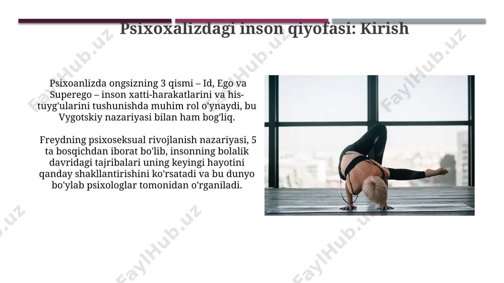 , 20% bolalarning ruhiy salomatligi muammolari bolalikdagi travmatik tajribalar bilan bogʻliq boʻlishi mumkin. id, ego va superego: shaxsiyat tuzilmasi superego, jamiyatning 10 ta asosiy qoidalarini o'z ichiga olgan ijtimoiy normalarni ifodalaydi va shaxsning xatti-harakatlarini nazorat qiladi, bu esa haddan tashqari qattiqqo'llikka va aybdorlik hissiga olib kelishi mumkin. id, ego va superego o'rtasidagi muvozanatsizlik 20-asrning boshlarida vena shahrida rivojlangan psixanaliz nazariyasiga ko'ra, shaxsiyatning 3 qismidan birining ustunligi ruhiy kasalliklarga olib kelishi mumkin. xulosa va kelajak istiqbollari kelajakda, 21-asr texnologiyalari yordamida, masalan, aqsh va yaponiyadagi tadqiqotlar natijalariga asoslanib, insonga yaqinlashgan psixoanlizning 10 ta yangi uslublari paydo bo‘lishi mumkin. insonning ichki dunyosini chuqurroq tushunish uchun, psixoanlizning rivojlanishi, 1950-yillardan buyon, kognitiv psixologiya va neyroilmlar bilan 5 ta samarali hamkorlikni keltirib chiqardi. ongsiz va ong: o'zaro ta'siri ongsizdagi bostirilgan xotiralar, his-tuyg'ular va istaklar ongga 5 xil mexanizmlar orqali (masalan, proyeksiya, sublimatsiya) ta'sir ko'rsatib, inson xatti-harakatlariga bevosita yoki bilvosita ta'sir qiladi. sigmund freydning 19-asr oxiri va …
