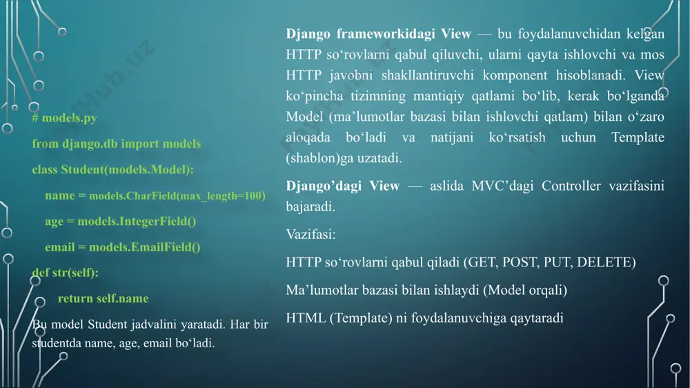 late_name = 'book_list.html' context_object_name = 'books' context_object_name bu html sahifada foydalaniladigan o‘zgaruvchi nomi. ya’ni book_list.html faylida books deb chaqiriladi va sikl orqali ko‘rsatish mumkin. cbv va funksional viewlar o‘rtasidagi farq 1. cbv (class-based view) — bu sinfga asoslangan yondashuv. u ko‘p hollarda tayyor sinflar orqali tezroq va aniqroq yoziladi. kod tartibli va takrorlanadigan qismlar kamayadi. 2. funktsional view — bu oddiy def yordamida yozilgan view bo‘lib, har bir sahifa uchun qo‘lda kod yoziladi. masalan: 3. agar siz sahifaga modeldagi ma’lumotlarni chiqarayotgan bo‘lsangiz, cbv bu ishni ancha osonlashtiradi, chunki detailview, listview kabi sinflarda bu oldindan yozilgan. funktsional viewda esa siz get_object_or_404, queryset, render kabi funksiyalarni qo‘lda yozishingiz kerak bo‘ladi. 4. cbvda kodni yangilash, sinflarni meros qilib olish va ularga o‘zgarish kiritish osonroq. masalan, umumiy funksiyani bitta asosiy viewda yozib, boshqa viewlarda qayta ishlatish mumkin. def home(request): return render(request, 'home.html') cbv uchun mixinlardan foydalanish — bu kodni qayta ishlatish uchun yaratilgan klass …