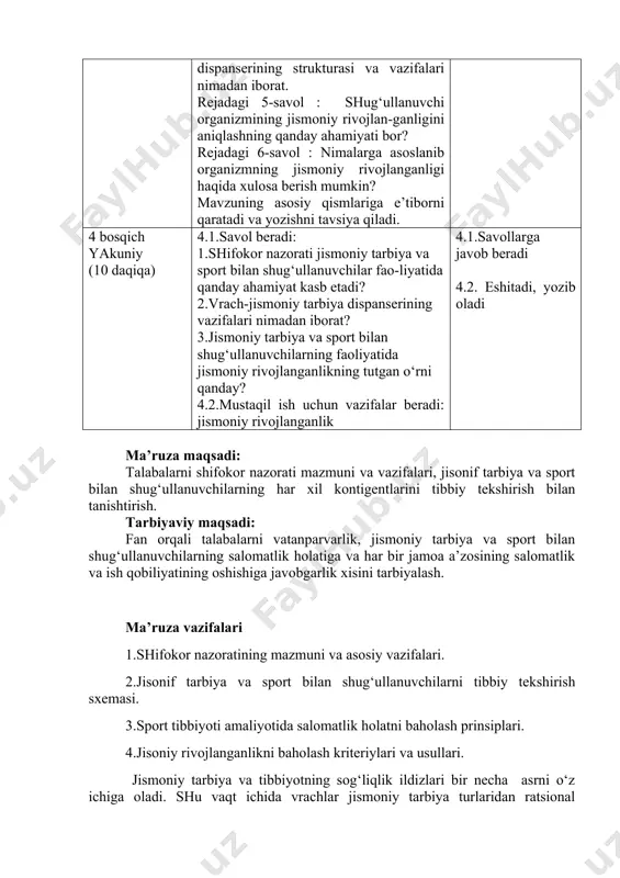 shifokorlar jismoniy mashqlarning sog‘lomlashtiruvchi va davolovchi ta’sirga ega ekanligini yozganlar. xix asrda fridrik vilgelm iv germaniya maktablariga jismo-niy tarbiya darslarini kiritdi. xix asrda peterburgda birinchi marta jismoniy tarbiya o‘qituvchilrini tayyorlovchi uch yillik kurslar ochildi, keyinchalik revolyusiyadan so‘ng u jismoniy tarbiya institutiga aylndi. jismoniy mashqlarning organizmga ta’sirini o‘rganish, jismoniy tarbiya bilan shug‘ullanuvchilarni tibbiy nazorat qilish – hozirgi vaqtda mustaqil ilmiy fan hisoblangan sport tibbiyoti fanining shakllanishiga sabab bo‘ldi. sport tibbiyoti – ilmiy fan bo‘lib, sog‘lom va bemor organizmiga har xil darajali jismoniy yuklamalarning ijobiy va salbiy ta’sirlarini o‘rganish (gipo- va giperkineziya). bundan maqsad organizm salomatligini yaxshilash va mustaxkamlash, funksional holatini oshirish, sportdagi natijalarni oshirish uchun, shuningdek har xil kasalliklarning oldini olish va davolash uchun optimal darajadagi jismoniy aktivlikni aniqlashdir. sport tibbiyotining asosiy qismi bo‘lib vrach nazorati hisoblanadi. vrach nazorati – bu o‘tkazilayotgan mashg‘ulotlarning organizmga ta’sirini aniqlash maqsadida sport va jismoniy tarbiya bilan shug‘ullanuvchilarni saralash va ularni doimiy tibbiy kuzatilishidir. vrach nazortining …