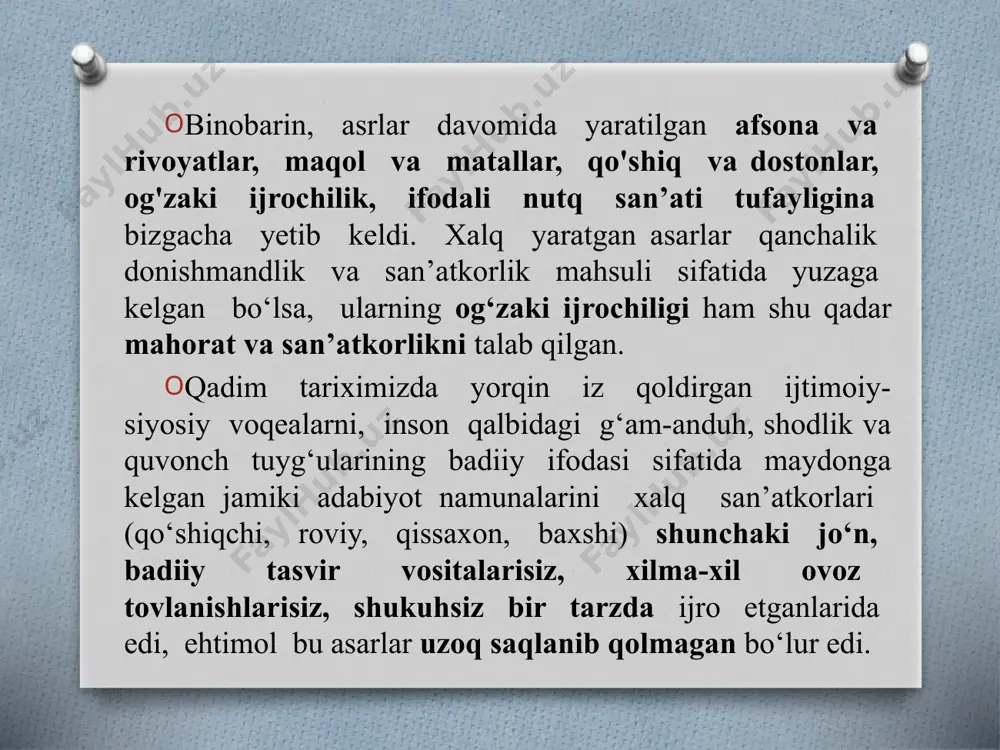 niyat hech bir istisnosiz tilning barcha sathlarida mavjud. tilning tovush qurilishi, so‘z xazinasi, morfologik shakllari, sintaktik birliklari, intonatsiya, uslub kabilarning har biri nutq ifodaliligining bitmas tuganmas manbalaridir. nutq tuzuvchi bu manbalarning mohiyati, tabiati va ularni unumli ishga solish usullaridan yetarli xabardor bo‘lsa, nutqning ifodalilik sifatini ta’minlashga qiynalmaydi”. darhaqiqat, ifodali nutq vositalarini puxta o‘zlashtirish, o‘zbek tilining o‘ziga xos xususiyatlarini chuqur o‘rganish orqaligina, ifodali o‘qishda ma’lum natijalarga erishish mumkin. xo‘sh, ifodali nutqni o‘rganish uchun nimalarga e’tibor berish kerak? ifodali o‘qish o‘zi nima? sodda qilib aytganda, “ifodali o‘qish adabiy asarni tushunarli va ta’sirchan o‘qish demakdir. bu o‘qish san’ati yod olingan matnni ifodali o‘qishni ham o‘z ichiga oladi. ifodali o‘qishda fikrlarni yanada silliq, aniq, go‘zal shaklda talqin etish uchun emotsional vositalardan unumli foydalaniladi. ifodali o‘qishning badiiy emotsional bo‘lishi uchun o‘quvchi-ijrochi asar mazmuni, g‘oyaviy-badiiy jihatlari haqida tasavvurga ega bo‘lishi lozim”. ifodali o‘qishning o‘ziga xos xususiyati shundaki, u insonda tuyg‘u va kayfiyatlar hosil qiladi, aniqrog‘i, voqelikning …