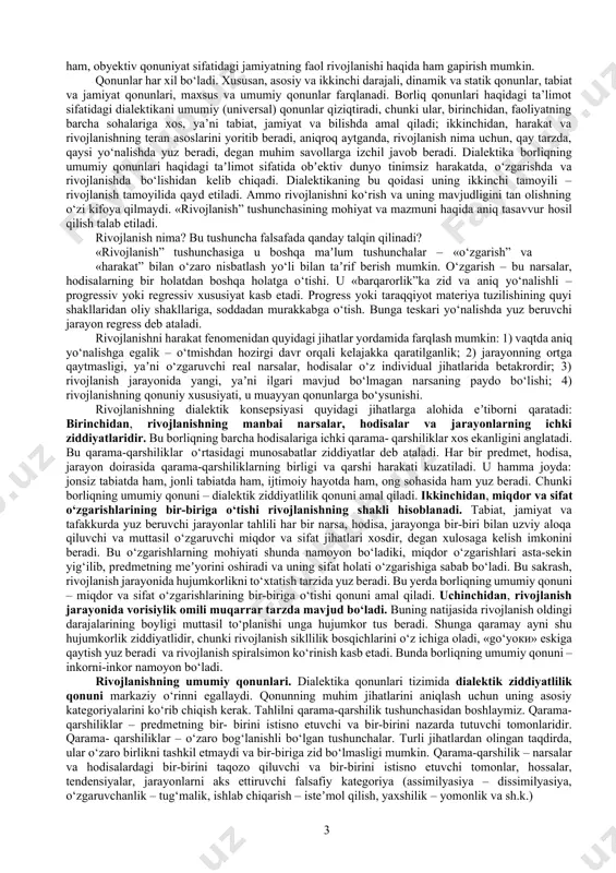 hida o‘rin egallaydi. klassik dialektikaning o‘ziga xos xususiyatlari: birinchidan, klassik dialektika dunyoni tushunishning shunday bir usuli hisoblanadiki, bunda borliq narsalar va hodisalarning umumiy o‘zaro aloqasi, ularning bir-birini taqozo etishi va muttasil o‘zgarishi nuqtai nazaridan anglab yetiladi. dialektika rivojlanishning teran, to‘laqonli va mazmunan boy nazariyasidir. u o‘zgarish holatida bo‘lmagan biron-bir narsa tabiatda ham, jamiyatda ham, tafakkurda ham mavjud emas, chunki barcha mavjud narsalar o‘z ichki ziddiyatlariga ega va ular bu narsalarni o‘zgarishga, yangi shakl-shamoyil kasb etishga, rivojlanishga majbur qiladi, deb o‘rgatadi. ikkinchidan, dialektika obyektiv va subyektiv dialektikaning mavjudligini tan oladi. obyektiv dialektika – bu tabiiy va ijtimoiy hodisalarning o‘zaro aloqasi va rivojlanishi. u subyektdan, inson va insoniyatdan qat’iy nazar mavjuddir. subyektiv dialektika – bu subyektning fikrlash dialektikasi va uning obyektiv dunyoni bilishi. obyektiv va subyektiv dialektikaning o‘zaro nisbati qanday? materialistik davr nuqtai nazaridan subyektiv dialektika obyektiv dialektikani aks ettiradi. obyektiv va subyektiv dialektika mazmunan bir-biriga mos keladi uchinchidan, fan sifatida dialektika …