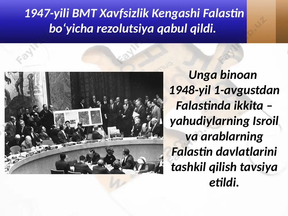 berish to‘g‘risida kelishuv imzolanishi bilan boshlandi. 1995-yil noyabrda isroil bosh vaziri isxak rabin mutaassib-yahudiy tomonidan o‘ldirildi. bu falastinliklarga qilingan yon bosishlardan isroil jamiyatining bir qismi noroziligini ko‘rsatar edi. isxak rabin shu yili bo‘lib o‘tgan saylovlarda «likud» bloki g‘alaba qozondi va falastinga nisbatan qat’iy yo‘nalish tarafdori bo‘lgan binyamin netanyaxu bosh vazir lavozimini egalladi. binyamin netanyaxu 2006-yili falastinning o‘ziga xos ramziga aylangan y. arofat vafot etdi. mahmud abbos uning o‘rniga mahmud abbos falastin avtonomiyasining raisi va fatx yetakchisi etib saylandi. savol va topshiriqlar 1. isroil davlati o‘z tarixining qisqa davri ichida qanday omillar hisobiga rivojlangan mamlakatga aylandi? 2. falastin muammosining asosiy sabablari nimada va ular qanday hal etilmoqda? 3. falastin davlatini tuzish yo‘lidagi asosiy to‘siqlar nimalardan iborat edi? 4. isroil va falastin munosabatlariga xalqaro siyosiy holatning ta’siri nimalarda namoyon bo‘ldi? image2.jpg image3.png image4.jpeg image5.jpeg image6.jpeg image7.jpg image8.jpeg image9.jpeg image10.jpeg image11.jpg image12.jpeg image13.jpeg image14.jpeg image15.jpeg image16.jpeg image1.jpg