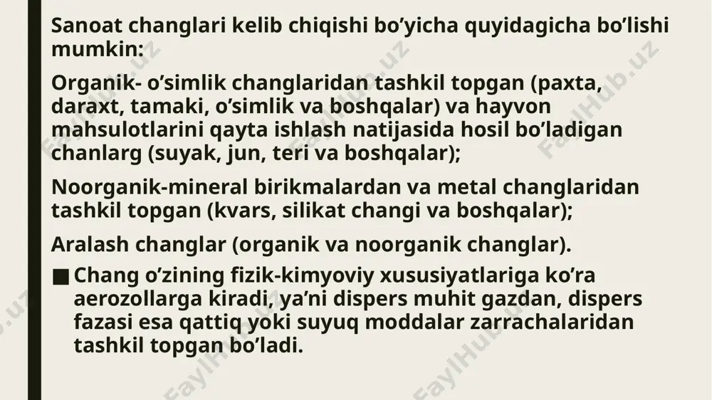 ini yaxshilash chiqindilarni kamaytirish: sanoat korxonalari, transport va qurilishdan chiqadigan changlarni kamaytirish orqali havo sifatini yaxshilash mumkin. bu uchun innovatsion texnologiyalar, tozalovchi tizimlar va ekologik toza transport vositalarini joriy etish zarur. o’simliklar ekish: yashil maydonlar yaratish, daraxtlar va o’simliklar ekish havodagi changni ushlab turishga yordam beradi va havo sifatini yaxshilashga yordam beradi. havoning changlanganligining inson organizmiga ta’sirlari ko’plab salomatlik muammolariga olib kelishi mumkin, chunki chang zarrachalari havodagi ifloslantiruvchi moddalardan biri sifatida nafas olish tizimiga, yurak qon tomir tizimiga va boshqa organlarga zarar yetkazishi mumkin. changlanganlikning ta’sirlari quyidagi asosiy sohalarda seziladi: . nafas olish tizimiga ta’siri astma: havodagi changning kichik zarrachalari (masalan, pm2.5) nafas yo’llariga chuqur kirishi mumkin. bu zarrachalar astma kasalligini kuchaytirishi yoki yangi astma holatlarining rivojlanishiga olib kelishi mumkin. astma bilan kasallanganlar uchun havoning changlanganligi nafas olishni qiyinlashtiradi, yo’tal va nafas yetishmovchiligi keltirib chiqaradi. bronxit va o’pka kasalliklari: changlangan havo uzoq vaqt davomida nafas olish tizimiga ta’sir qiladi va …