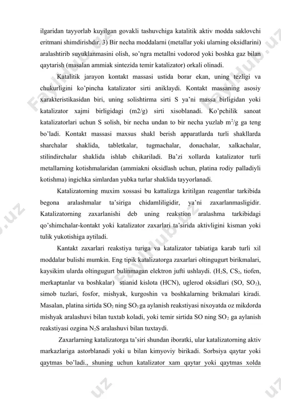 yoki almashtirish kerak bo’ladi. rasmda katalizatorning qaytar (1) va qayttmas(2) xolda zaxarlanishining xarakteri berilgan. katalizator qaytar xolda zaxarlanganda unga kantakt zaxarlaridan toza bulgan yangi gazlar aralashmasi yuborilganda (τ vakt oraligida) uning aktivligi tulik tiklanadi. (uchinchi egri chizik) katalizatorning zaxarlanishi α reakstiya tezlik konstantasining k kamayishi bilan xarakterlanadi. α kuyidagi formula bilan aniklanadi: bunda gi –katalizatorning massa birligiga gaz bilan keluvchi zaxar mikdori. katalizator uz aktivligini, yumshab donachalarining bir-birisiga yopishib kolishi, yoki kisman suyuklanganligi uchun uning aktiv sirti kamayishi sababli, hamda katalizator sirtiga reakstiyaning kattik maxsulotlarini yoki changlarni chukib kolishi tufayli kamaytirishi yoki yukotishi xam mumkin. shuning uchun xam katalizatorni xizmat muddatini uzaytirish uchun reakstion aralashma katalizator zaxarlaridan, kattik mexanik aralashmalardan yaxshilab tozalanadi. adabiyotlar 1. manovyan a.k. texnologiya pervichnoy pererabotki nefti i prirodnogo gaza. – m.: ximiya, 1999. – 567 s. 1. nikolayav v.v., busigina n.v. osnovnqe protsessq fizicheskoy i fiziko-ximicheskoy pererabotki gaza. – m.: nedra, 1998. – 184 s. 1. …