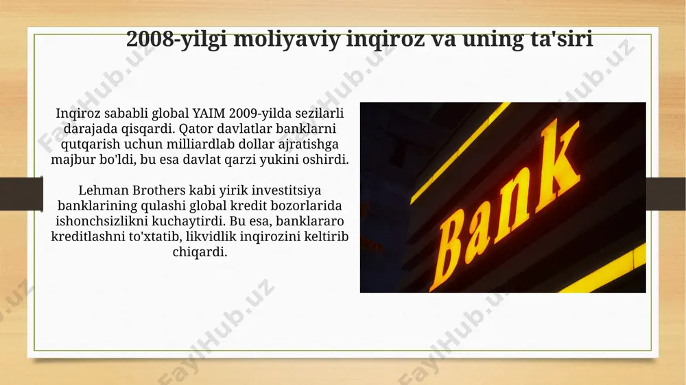 muhim rol o'ynadi, chunki u valyuta kurslarining barqarorligini ta'minlab, 1870-yillardan 1914-yilgacha bo'lgan davrda keng qo'llanilgan. globalizatsiya va banklarning liberallashuvi globalizatsiya tufayli banklar xalqaro operatsiyalarni osonlashtiradigan yangi texnologiyalarni (masalan, swift) joriy qildi, bu esa 24/7 tranzaktsiyalarni amalga oshirish imkonini berdi. bank liberallashuvi, jumladan kapital nazoratini olib tashlash, 2008-yilgi global moliyaviy inqiroz kabi xalqaro moliyaviy inqirozlarning tez tarqalishiga yordam berdi. kirish «kirish» xix asr oxiri va xx asr boshlarida rossiya imperiyasida, jumladan o'zbekistonda mahalliy savdogarlar tomonidan tashkil etilgan kredit jamiyatlari edi. ushbu «kirish»lar dehqonlar va kichik tadbirkorlarga qisqa muddatli kreditlar berish orqali ularning iqtisodiy faoliyatini qo'llab-quvvatlashga yo'naltirilgan bo'lib, 1917-yilga qadar faol bo'lgan. bretton vuds tizimi va urushdan keyingi davr bretton vuds kelishuvi 1944-yilda imzolangan boʻlib, aqsh dollarini jahon zaxira valyutasi sifatida belgilab, boshqa valyutalarni dollarga bogʻladi va valyuta kurslarini barqarorlashtirdi. marshall rejasi urushdan keyingi yevropani qayta tiklashga qaratilgan aqsh tomonidan moliyalashtirilgan dastur boʻlib, bu yevropa davlatlarining iqtisodiy rivojlanishiga va dollarga boʻlgan talabning …