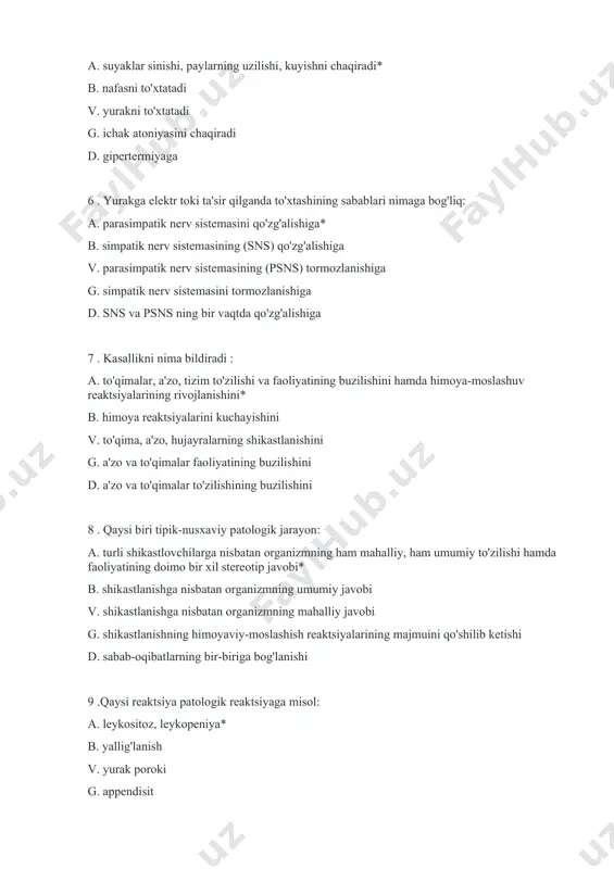 biri tipik-nusxaviy patologik jarayon: a. turli shikastlovchilarga nisbatan organizmning ham mahalliy, ham umumiy to'zilishi hamda faoliyatining doimo bir xil stereotip javobi* b. shikastlanishga nisbatan organizmning umumiy javobi v. shikastlanishga nisbatan organizmning mahalliy javobi g. shikastlanishning himoyaviy-moslashish reaktsiyalarining majmuini qo'shilib ketishi d. sabab-oqibatlarning bir-biriga bog'lanishi 9 .qaysi reaktsiya patologik reaktsiyaga misol: a. leykositoz, leykopeniya* b. yallig'lanish v. yurak poroki g. appendisit d. gastrit 10. zanjirsimon munosabatlarining patogenezda ahamiyati qanday: a. patologik jarayonning rivojlanish mexanizmlarini chuqurlashtiradi* b. patologik holatdan chiqishga yordam beradi v. patogenezda bog'lovchi bug'in xisoblanmaydi g. etiologik omilning tasirini yo'qotadi d. ahamiyati yo'q 11 . keltirilgan omillarning qaysi biri sabab xisoblanadi: a. kasallikning o'ziga xos belgilarini beruvchi omil* b. kasallikning kechishi va oqibatiga ta'sir etuvchi omil v. kasallikning rivojlanishiga ta'sir etuvchi omil g. kasallikni kaytalashiga tasir qiluvchi omil d. kasallikni ko'payishiga ta'sir etuvchi omil. 12 . tsentrifugada aylantirilganda sichqonlarda qaysi kasallik modellashtirilgan bo'ladi : a. kinetoz* b. tog kasalligi v. …