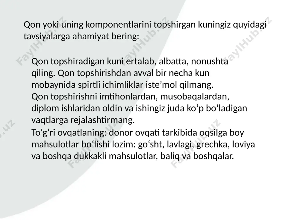 a donorning tashqi ko‘rinishi, teri va ko‘zning shilliq qavatlari, limfatik tugunlar va qorin bo‘shlig‘i organlari palpatsiyasi hamda ko‘krak qafasi organlari auskultatsiyasi amalga oshiriladi; ●tomir urishi (puls) tezligi va uning bir maromda urishi, arterial bosim aniqlanadi. bunda tomir urishi (puls) bir maromda va bir daqiqada 60 dan 80 gacha, arterial bosim — sistolik bosim 90 — 170 mm simob ustuni oralig‘ida, diastolik bosim 60 — 90 mm simob ustuni oralig‘ida bo‘lishi kerak; ●gemoglobin miqdori aniqlanadi. bunda erkaklarda kamida 128 g/l, gematokrit 40 %, ayollarda esa, kamida 120 g/l, gematokrit 38 %, bo‘lishi zarur; ●donorning tana harorati o‘lchanadi. bunda tana harorati 36° s dan past va 37° s dan yuqori bo‘lmasligi lozim. plazma donorlarini dastlabki tibbiy ko‘rikdan o‘tkazishda qo‘shimcha ravishda quyidagilar tekshiriladi: ●qon zardobida oqsilning umumiy miqdori; ●trombotsitlar va retikulotsitlar miqdori; ●qon zardobining oqsil fraksiyalari. ●eritrotsitlarning cho‘kish tezligi; ●qon zardobidagi oqsilning umumiy miqdori; ●leykotsitlar miqdori aniqlanadi. donor takroriy plazma topshirganda: ●gemoglobin miqdori …