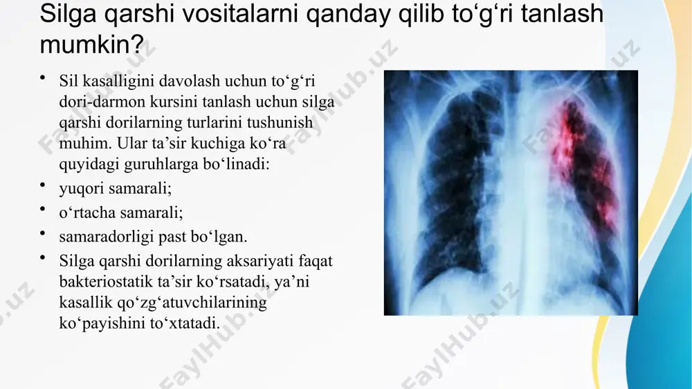 radi, hech bo'lmaganda antibakterial ta'sir etishmaydi. izoniazid, rifampitsin, etambutol, pirazinamid to'rtta dorilar bilan birgalikda o'simlikning tez o'sishi va ko'payishini o'ldiradigan, sil kasalligini tiklashda muhim ahamiyatga ega. rifampik dorilar tufayli kelib chiqqan oshqozon-ichak traktining tirnash xususiyati bilan og'riydigan bemorlarga ularni kechasi yotish holatiga o'tkazish mumkin. bu ertalab ro'za tutishning qonda o'rtacha konsentratsiyasidan farq qilmaydi va minimal inhibitiv kontsentratsiyadan yuqori. birinchidan, erta davolanish: iloji boricha tezroq bakteriyalar o'sadi va faol ravishda ko'payadi, metabolizm faol, preparatga sezgir bo'ladi; lezyonga qon ta'minoti boy va dori oson kirib borishi mumkin; shu bilan birga, bemorning tana qarshiligi ham kuchli va erta davolanishni boshqarish oson, bu davolanishga yordam beradi. silga qarshi dorilar tamoyillari ikkinchidan, dorilarning kombinatsiyasi: turli xil sharoitlarda va silga qarshi dorilarning xususiyatlarini samaradorligini oshirish uchun ikki yoki undan ortiq dorilarning kombinatsiyasini nazarda tutadi va jiddiy salbiy reaktsiyalardan qochib, dori-darmonga qarshilikning paydo bo'lishini kechiktirishi mumkin. umuman olganda, 2-4 turdagi dorilar asosan antibakterial ta'sirni kuchaytirish, bakterial qarshilikni …