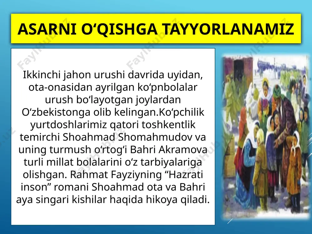 alpog‘ini g‘ijimlab turgan to‘ladan kelgan bola xo‘mrayib gapirdi. – axir, shunga urish kerakmidi? – dedi yotig‘i bilan tarbiyachilardan biri. – nega fashist deydi? – nuqul kiyimlari ko‘pligini maqtaydi. kim fashist? galya u boyatdan beri o‘ziga tikilib turgan boyagi sariq sochli qizcha yoniga bordi. tiz cho‘kib, to‘zg‘igan sochlarini siladi. – oting nima, qizim? – galya, – dedi kulib. – manga qiz bo‘lasanmi? galya mahkam akaning orqasida qovog‘ini solib turgan vityagacho‘chibroq qarab oldi. – o‘g‘lingiz... – dedi-yu, gapirolmay qoldi. – bu o‘g‘lim, san qizim bo‘lasan-da, xo‘pmi? – mayli, – dedi boshini egib galya. – juda yaxshi, oppoq qiz, shirin qiz, – deya bag‘riga olib erkaladi mahkam aka, – qani, akang bilan tanishinglar-chi. galya kattalardek vityaga otini takrorlab, qo‘lini uzatuvdi, vitya yoqinqiramay ko‘rishdi. abram va galya – amaki, – dedi shirinlik so‘rab erkalik qilganday boshini egib,–abramni ham olib keta qolaylik, o‘zi judayam yaxshi bola. – mayli, – dedi mahkam aka o‘ylab turmay, – …