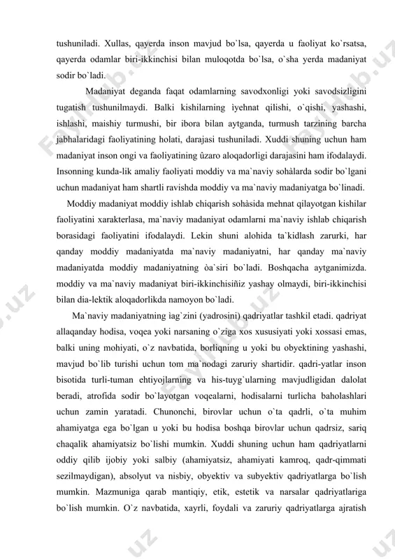ha baholashlari uchun zamin yaratadi. chunonchi, birovlar uchun o`ta qadrli, o`ta muhim ahamiyatga ega bo`lgan u yoki bu hodisa boshqa birovlar uchun qadrsiz, sariq chaqalik ahamiyatsiz bo`lishi mumkin. xuddi shuning uchun ham qadriyatlarni oddiy qilib ijobiy yoki salbiy (ahamiyatsiz, ahamiyati kamroq, qadr-qimmati sezilmaydigan), absolyut va nisbiy, obyektiv va subyektiv qadriyatlarga bo`lish mumkin. mazmuniga qarab mantiqiy, etik, estetik va narsalar qadriyatlariga bo`lish mumkin. o`z navbatida, xayrli, foydali va zaruriy qadriyatlarga ajratish mumkin. shuningdek, qadriyat-larni: haqiqatni, ezgulikni, go`zallikni ulug`lovchi qadriyat-larga ajratish mumkin. har qanday qadriyat ham inson ongi va faoliyatining mah-sulidir. boshqacha aytganimizda, har qanday qadriyat odamlar tomonidan, ya`ni odamlarning ajdodlari tomonidan yaratiladi, boshqa avlodlari tomonidan o`zlashtiriladi, kishilarning ongi va shuuriga singib, amaliy faoliyatiga qudratli stimul beradi, katta ijtimoiy kuchga aylanadi. qadriyatlar jamiyat ijtimoiy-iqtisodiy, madaniy-ma`naviy taraqqiyotining mahsulidir, shuning uchun ham qadri-yatlarda zamonning ruhi, imkoniyatlari, o`sha zamonda yashagan odamlarning orzu-umidlari, istaklari, talab va ehtiyojlari o`z ifodasini topadi. zamonlar o`tishi bilan qadriyatlarning mazmuni va …