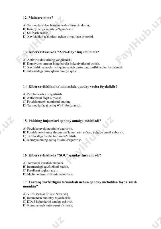 tarmoqda foydalanuvchilarni aldash. b) kompyuterga zararli kod yuborish. c) ddos hujumini amalga oshirish. d) ma'lumotlarni shifrlash va ularga kirishni cheklash. 21. kiberxavfsizlikni ta'minlashda xavfli tarmoqlar qanday aniqlanadi? a) internetni tezlashtirish. b) tarmoqdagi zararli trafikni tahlil qilish. c) ma'lumotlarni shifrlash. d) antivirusni yangilash. 22. ddos hujumining maqsadi nima? a) tarmoqni tezlashtirish. b) tarmoqni o‘zgarishsiz ishlashiga to‘sqinlik qilish. c) ma'lumotlarni shifrlash. d) xavfsizlikni buzish. 23. kiberxavfsizlikda “malware” nima? a) tarmoqni tezlashtirish uchun ishlatiladigan dastur. b) foydalanuvchilarning shaxsiy ma'lumotlarini o‘g‘irlashga mo‘ljallangan zararli dastur. c) antivirusni o‘rnatish usuli. d) kompyuterni saqlash dasturi. 24. kiberxavfsizlikda “spyware” nima? a) shifrlash algoritmi. b) foydalanuvchi faoliyatini kuzatib boradigan zararli dastur. c) tarmoqni himoya qilish usuli. d) tarmoqdagi xatoliklarni tuzatish. 25. kiberhujumlarning eng ommabop turi qaysi? a) phishing. b) malware. c) ddos. d) spyware. 26. internetdagi xavfsizlikni ta'minlashda qanday vosita samarali? a) vpn (virtual private network). b) parolni saqlash dasturlari. c) antivirus dasturlari. d) barcha javoblar to‘g‘ri. 27. kompyuter …