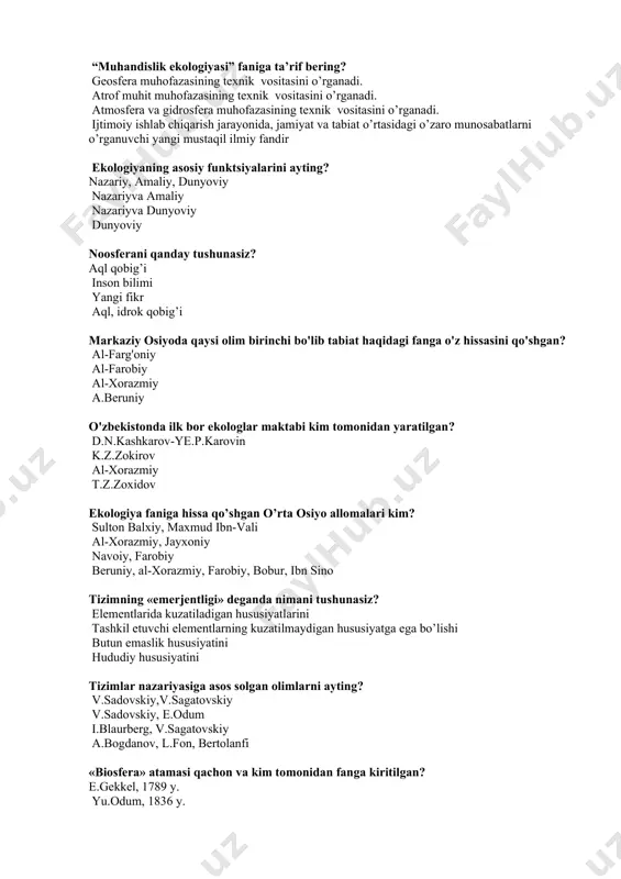 in k.z.zokirov al-xorazmiy t.z.zoxidov ekologiya faniga hissa qo’shgan o’rta osiyo allomalari kim? sulton balxiy, maxmud ibn-vali al-xorazmiy, jayxoniy navoiy, farobiy beruniy, al-xorazmiy, farobiy, bobur, ibn sino tizimning «emerjentligi» deganda nimani tushunasiz? elementlarida kuzatiladigan hususiyatlarini tashkil etuvchi elementlarning kuzatilmaydigan hususiyatga ega bo’lishi butun emaslik hususiyatini hududiy hususiyatini tizimlar nazariyasiga asos solgan olimlarni ayting? v.sadovskiy,v.sagatovskiy v.sadovskiy, e.odum i.blaurberg, v.sagatovskiy a.bogdanov, l.fon, bertolanfi «biosfera» atamasi qachon va kim tomonidan fanga kiritilgan? e.gekkel, 1789 y. yu.odum, 1836 y. e.zyuss, 1875 y. a.gumbold, 1807 y. biosferaga qaysi tabiiy qobiqlar kiradi? noosfera, litosfera, mantiya atmosferani quyi qismi, gidrosfera va litosferaning yuqori qismi ionosfera, mezosfera, troposfera gidrosfera, atmosfera, litosferani yuqori qismi ekologiyaning obyekti nima? atrof muhit va organizm (jumladan inson) atrof muhit organizm inson biologik tizimga ta’rif bering? organizmlarning birgalikda harakat qiluvchi bu bioximik, fiziologik, biosenotik funksiyalarni bajaruvchi, atrof muhit va boshqa tizimlar bilan bir butun holda harakat qiluvchi , o’z o’zini tashkil qiluvchi tuzilma bu biotsenoz …