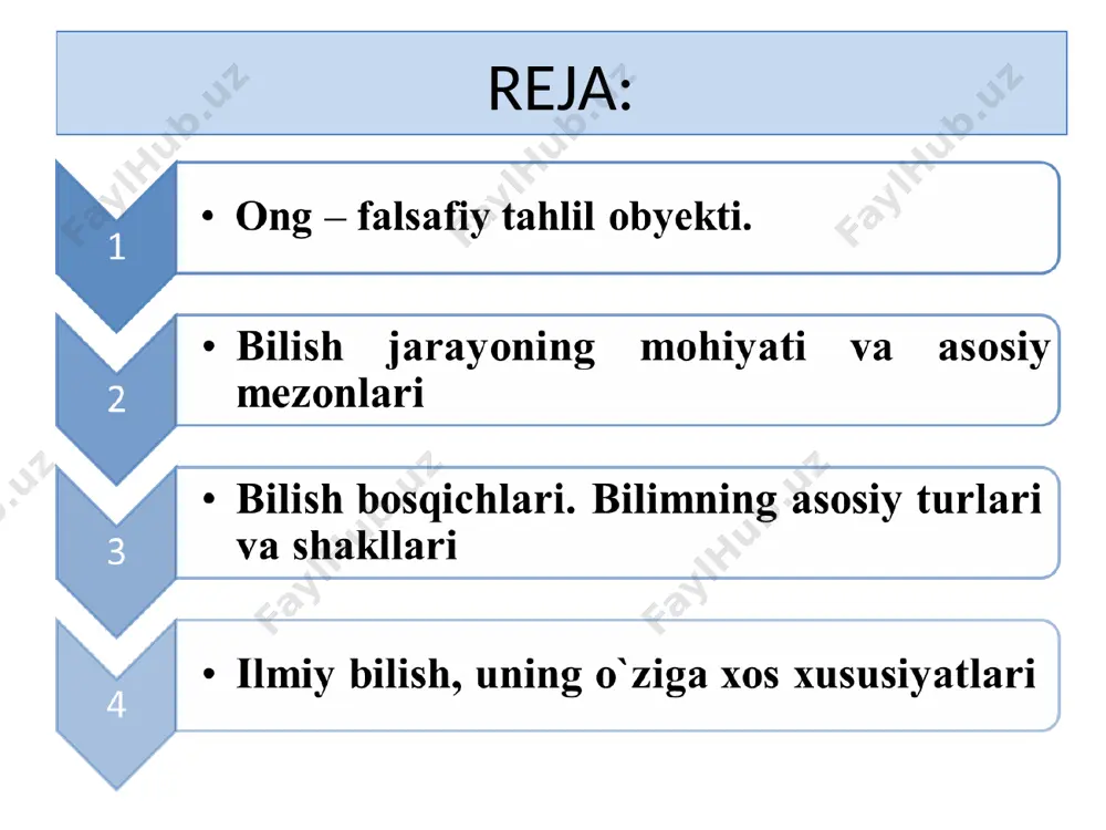 shonch – bir bir fikrni chin deb bilish, ishonish. e’tiqod – qat’iy ishonchga asoslangan dunyoqarash. bilim – olamdagi narsa va hodisalar haqidagi ma’lumotlar, axborotlar majmui. bilim bilan jarayoni mahsuli, olamning inson ongida aks etish jarayoni. ongning funksiyalari tushunish, tushuntirish ijodiy olamni anglash voqelikni o’zlashtirish, insonning ijodiy qobilyatlarida namoyon bo’ladi o`z-o`zini anglash yangi narsalar (moddiy va ma’naviy) ni yaratishda namoyon bo’ladi ijtimoiy ong – jamiyat hayotini, kishilararo aloqa va munosabatlarni o’zida aks ettiradigan xilma – xil ijtimoiy qarashlar, tasavvurlar, g’oyalar, nazariyalar, ta’limotlar majmui. ijtimoiy ong shakllari. 1. axloqiy ong (axloq) 2. diniy ong (din) 3. estetik ong va san’at 4. siyosiy ong (siyosat) 5. huquqiy ong (huquq) gnoseologiya – bilish haqidagi ta`limot sof falsafiy kategoriya. (yunoncha gnosis – bilim, ilm; logos – ta`limot, nazariya) – falsafaning tarkibiy qismi, bilish nazariyasi, bilishning umumiy usullari to`g`risida bahs yurituvchi falsafaning alohida sohasi. gnoseologiya - bilish to`g`risidagi ta`limot gnoseologiyada o`rganiladi insonning dunyoni bilish imkoniyati insonning …