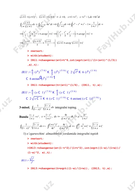 l binomial differensial integrali deb atalib, bu yerda m,n,p lar ratsional, a va b lar esa noldan farqli haqiqiy sonlardir. p.l.chebishev tomonidan, bu integral : 1) p- butun son (bo`lganda yoyish yordami bilan); 2) -butun son (bo`lganda almashtrish bilan, s bunda p ni maxraji); 3) - butun son (bo`lganda almashtrish bilan, s bunda p ni maxraji) bo`lgan hollardan biri sodir bo`lgandagina elementar funksiyadan iborat bo`lishi, ya`ni olinishi isbotlangandir. boshqa holda u olinmaydigan integraldir. 4-misol. integralni toping. yechish. bunda 2) hol bajarilishidan , , almashtrish bilan = 1) o`zgaruvchini almashtirish yordamida integralni topish > restart; > with(student): > ir14:=changevar(x=(t^3-1)^4,int((1+x^(1/4))^(1/3)/sqrt(x),x),t); > ir14:=changevar(t=(1+x^(1/4))^(1/3), (ir14, t),x); 2)bevosita integrallash. > ir13:= int((1+x^(1/4))^(1/3)/sqrt(x),x)=int((1+x^(1/4))^(1/3)/sqrt(x),x); 5-misol. integralni hisoblang. yechish. (butun) bo`lganligi uchun almashtirish olsak, bo`ladi. demak, bo`lganligi uchun, > restart; > with(student): > it9:=int(1/(1+x^4)^(1/4),x)=int((1+x^4)^(-1/4),x); shape \* mergeformat 3. , r(x;u) – o`z argumentlarining ratsional funksiyasi, a(0. bu integralni olishda trigonometrik almashtirishlardan yoki eyler almashtirishlaridan foydalanish mumkin. bu yerda …