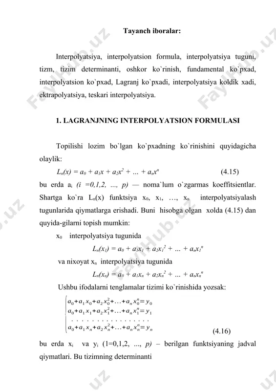 4.17) shartni kanoatlantiruvchi ko`pxad (4.19) ko`rinishida bo`ladi. (4.19) ni (4.18) ga kuysak, (4.20) ko`rinishdagi lagranj interpolyatsion formulasiga ega bo`lamiz. bu formulaning xususii xollarini ko`raylik: n=1 bo`lganda lagranj ko`pxadi ikki nuqtadan utuvchi to`g’ri chiziq tenglamasini beradi: agar p=2 bo`lsa, u xolda kvadratik interpolyatsion ko`pxadga ega bo`lamiz, bu ko`pxad uchta nuqtadan utuvchi va xertikal ukka ega bo`lgan parabolani aniqlaydi: lagranj interpolyatsion formulasining boshqa ko`rinishini keltiramiz. buning uchun ko`pxadni kiritamiz. bundan hosila olsak, kvadrat kavs ichidagi ifoda x = xi, va kj bo`lganda nolga ylanadi, chunki (xj - xi) ko`paytuvchi katnashadi. demak, shuning uchun ham, lagranj koeffitsientini ko`rinishda yozish mumkin. bunda esa lagranj ko`pxadi quyidagi ko`rinishga ega bo`ladi (4.21) endi tugunlar bir xil o`zoklikda joylashgan x1-x0 =x2–x1 = … =xn–xn-1=h xususiy xolniko`ramiz. bu xolda soddalik uchun x=x0+th almashtirish bajaramiz, u xolda . bu erda bo`lib, (4.21) lagranj interpolyatsion ko`pxadi quyidagi ko`rinishni oladi: (4.22) endi lagranj interpolyatsion formulasining koldik, xadini baxolashni ko`ramiz. agar biror …