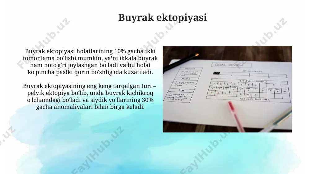 ining g'ayritabiiy joylashuvi bo'lib, u siydik pufagi bo'yni, penis tanasi yoki skrotumda joylashishi mumkin, bu esa 1000 tug'ilgan chaqaloqdan 1-3 tasiga ta'sir qiladi. diagnostika va davolash vater shamollash sindromi diagnostikasida, 20% hollarda genetik tekshiruvlar, xususan, aqshdan olingan maxsus testlar orqali aniqlanishi mumkin; davolash esa, hayotning birinchi yilida diyet va dori vositalarini qo'llashni o'z ichiga oladi. siydik tizimi rivojlanish nuqsonlarini tashxislashda, 10 yoshgacha bo'lgan bolalarda ultratovush tekshiruvi, rentgenografiya va sistouretrografiya keng qo'llaniladi, ayniqsa toshkentdagi ixtisoslashgan klinikalarda. siydik yo'llari infektsiyalari siydik yo'llari infektsiyalarining 70% dan ortig'i, ayniqsa, 2-5 yoshli qiz bolalarda, siydik pufagi infektsiyasi (sistit) ko'rinishida namoyon bo'ladi va o'zbekistonning qishloq hududlarida yuqori tarqalgan. siydik tahlillari, bakteriya madaniyati va ultrasonografiya kabi diagnostika usullaridan foydalanib, siydik yo'llari infektsiyalarini aniqlash va davolash muhim, bu esa kasallikning 5% gacha bo'lgan hollarda sepsisga olib kelish xavfini kamaytiradi. otsimon buyrak o'tsimon buyrak anomaliyasi bilan tug'ilgan bolalarning 30% da qo'shimcha tug'ma nuqsonlar, masalan, yurak nuqsonlari yoki siydik yo'llari …