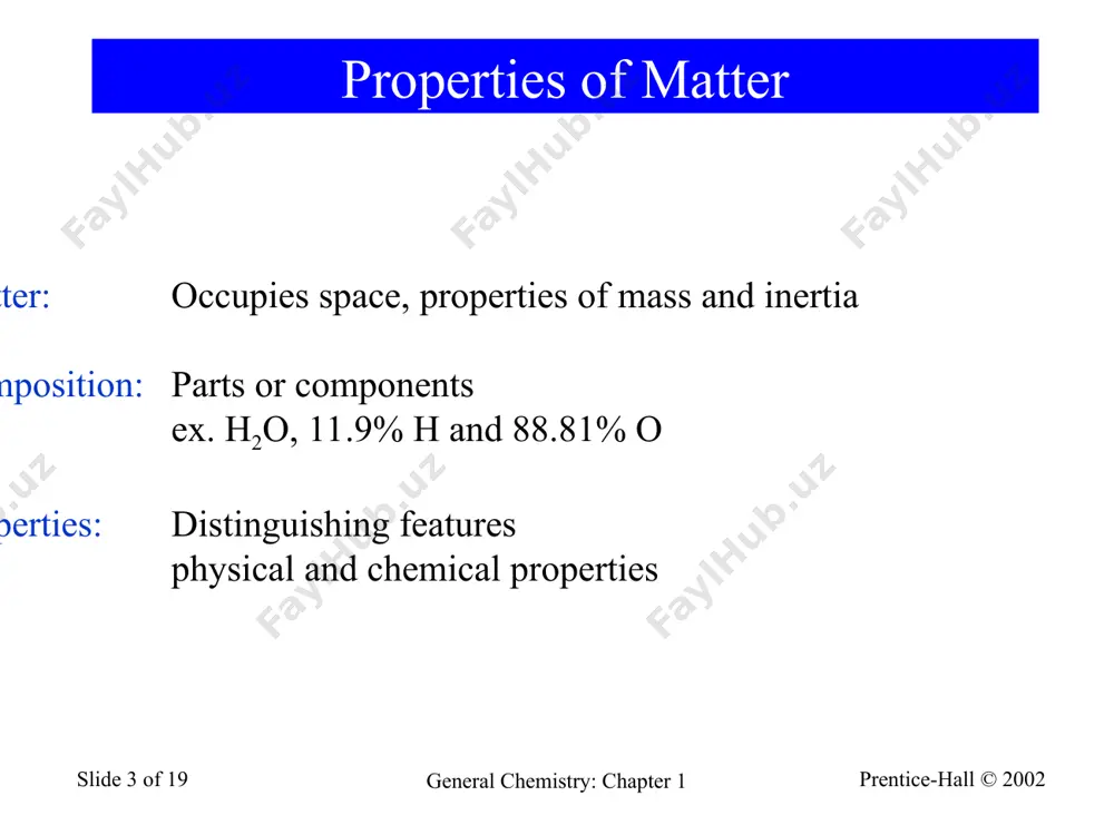 on in reading a scale. precision reproducibility of a measurement. accuracy how close to the real value. general chemistry: chapter 1 prentice-hall © 2002 general chemistry: chapter 1 slide * of 19 end of chapter questions 1, 3, 5, 12, 14, 17, 18, 20, 30, 41, 49, 50, 61, 72, 74, 79 general chemistry: chapter 1 copyright  2011 pearson canada inc. 1 - * copyright  2011 pearson canada inc. copyright  2011 pearson canada inc. 1 - * copyright  2011 pearson canada inc. 1_15matter(materials)substancesmixtureselementscompounds homogeneous mixtures (solutions) heterogeneous mixtures physical processeschemical reactions 1_17substances tobe separateddissolved in liquidpureliquidab c