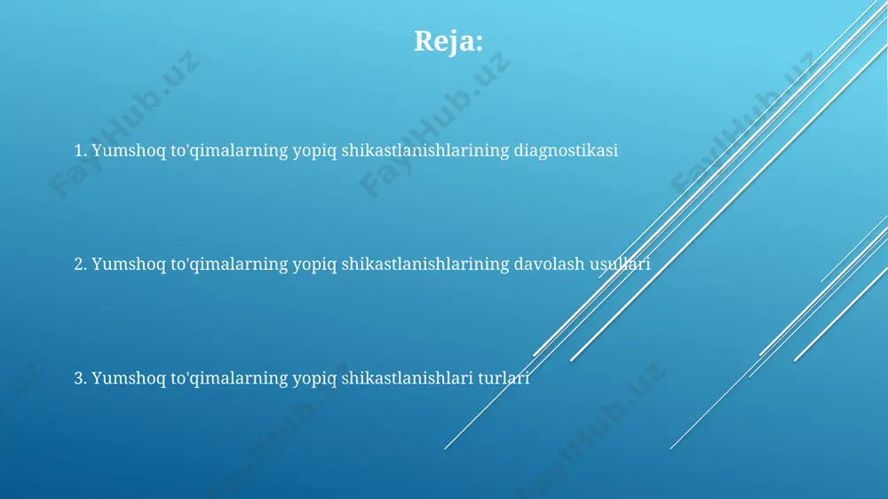tlanish chuqurligiga qarab, yopiq yumshoq to'qima shikastlanishlari teri osti to'qimasining, mushaklarning va tendonlarning shikastlanishi kabi 3 ta asosiy guruhga bo'linadi. profilaktika ish joyidagi xavfsizlik texnikasi qoidalariga rioya qilish, xususan, himoya vositalaridan foydalanish, yopiq to'qima shikastlanishining 40% gacha oldini olishga yordam beradi. yumshoq to'qimalarning yopiq shikastlanishlarini oldini olishda jismoniy mashqlarning muhim ahamiyati bor, chunki muntazam mashqlar mushaklarning 30% gacha kuchini oshirishi va jarohatlar xavfini kamaytirishi mumkin. to'g'ri ovqatlanish, ayniqsa, yetarli miqdordagi oqsil va vitaminlarni iste'mol qilish, to'qimalarning tiklanishini tezlashtiradi va yopiq jarohatlar xavfini 15-20% ga kamaytiradi. zamonaviy davolash usullarining istiqbollari ultra tovushli diagnostika va kompyuter tomografiyasi yordamida shikastlanish darajasini aniqlash aniqligi 90% dan oshgan, bu esa davolanish samaradorligini oshirishga yordam beradi. regenerativ tibbiyotning rivojlanishi tufayli, hujayra terapiyasi va to'qima muhandisligi yordamida yumshoq to'qimalarning shikastlanishini davolashda 2-3 marta tezroq tiklanish kuzatilmoqda. yiringli asoratlar xavfini kamaytirish uchun 3-avlod sefalosporinlar va karbapenemlar kabi keng spektrli antibiotiklardan foydalanish samaradorligi 85% ga yetmoqda. yumshoq to'qimalarning yopiq …