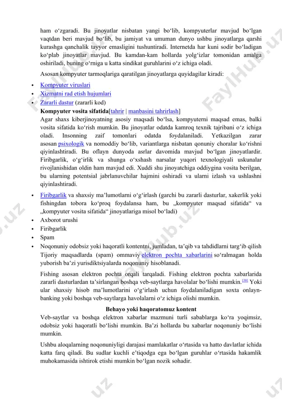 ida toʻlov toʻlanmasa, maʼlumotlarni doimiy ravishda oʻchirib tashlash bilan tahdid qiladigan kibertoʻplashning bir turi. kapersky lab 2016 security bulletin hisobotiga koʻra, biznes har 40 daqiqada ransomware qurboni boʻladi. 2021-yilda har 11 daqiqada biznesga hujum qilishni bashorat qilgan. ransomware dunyodagi eng tez oʻsib borayotgan kiberjinoyatlardan biri boʻlib qolmoqda, 2021-yilda ransomware global zarari 20 milliard dollargacha tushishi taxmin qilinmoqda. kiberpornografik savdo kiberpornografik savdo — bu qurbonlarni tashish, keyin esa veb-kamerada majburan jinsiy harakatlar va yoki zoʻrlashning jonli translyatsiyasidir. jabrlanuvchilar oʻgʻirlanadi, tahdid qilinadi yoki aldanib, „kibersekslar uylariga“ oʻtkaziladi. uyalar kiberseks savdogarlari internetga ulangan kompyuter, planshet yoki telefonga ega boʻlgan har qanday joyda boʻlishi mumkinkriptovalyutalardan. jinoyatchilar ijtimoiy media tarmoqlari, videokonferentsiyalar, tanishuv sahifalari, onlayn chat xonalari, ilovalar, qorongʻu veb- saytlar va boshqa platformalardan foydalanadilar. ular oʻz shaxsini yashirish uchun onlayn toʻlov tizimlari va foydalanadilar. har yili uning paydo boʻlishi haqida millionlab hisobotlar hokimiyatga yuboriladi. ushbu turdagi kiberjinoyatlarga qarshi kurashish uchun yangi qonunchilik va politsiya tartiblari …