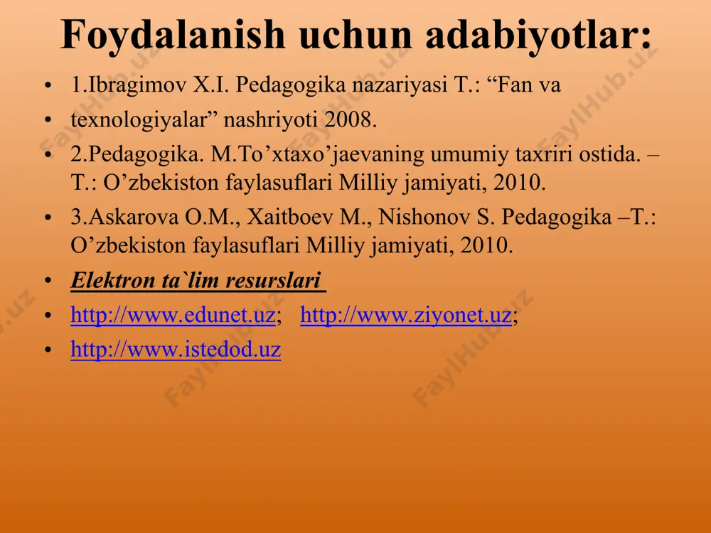 quyidagi masalalar hal etiladi: maqsadni belgilash, sharoitni diagnostikalash, natijani prognozlash, jarayonning rivojlanishini loyihalash va rejalashtirish. 2. asosiy bosqich quyidagi elementlardan tashkil topadi: bo‘lajak faoliyatning maqsadi va vazifalarni qo‘yish va yoritib berish; pedagogik jarayonni belgilangan metodlari, vositalari va shakllaridan foydalanish; optimal sharoitni yaratish; o‘quvchilar faoliyatini rag‘batlantirishning har xil turlarini amalga oshirish; pedagogik jarayonni boshqa jarayonlar bilan bog‘liqligini ta’minlash. 3. xulosa bosqichida natijalar tahlil qilinadi. bu xatolarni takrorlamaslik uchun muhim ahamiyatga ega pedagogik jarayon qonuniyatlari: tarbiya va muloqotning aloqadorligi qonuniyati; pedagogik jarayonda shaxsning rivojlanishi qonuniyati: - irsiyat; - tarbiya va o‘quv muhiti; - pedagogik ta’sir etish usuli va vositalarining qo‘llanishiga bog‘liq bo‘ladi. o’quv-tarbiya jarayonini boshqarish qonuniyati – pedagogik ta’sirning samaradorligi; pedagogik jarayonda hissiyot, mantiqiylik va amaliyotning birligi qonuniyati: - o‘quv-tarbiya jarayoninig samaradorligi: - hissiy idrokning sifati va intensivligi; - idrok etilganning mantiqiy anglanishi; tashqi (pedagogik) va ichki (bilish) faoliyatning birligi qonuniyati – pedagogik jarayonning samaradorligi: - pedagogik faoliyatning sifati; - tarbiyalanuvchilarning shaxsiy …