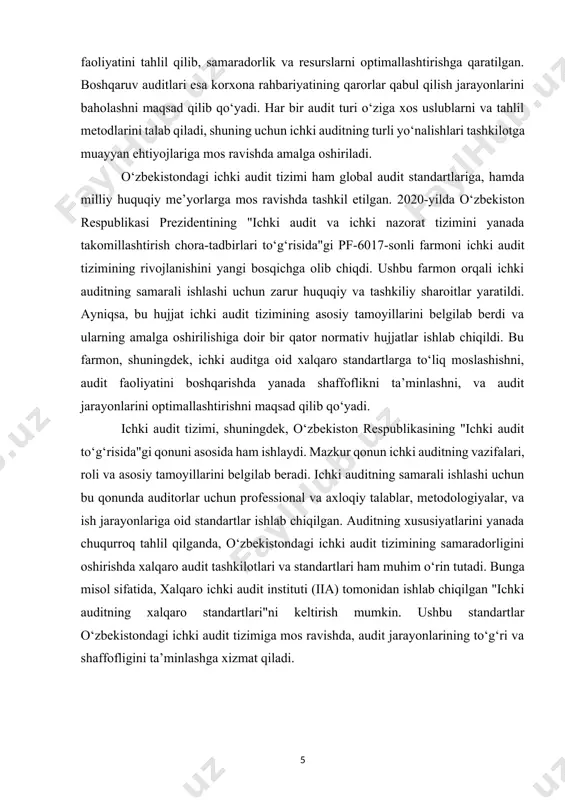 ishonchli axborot bilan ta’minlashdir. har bir predmetning obyekti va subyekti bo‘lganidek ichki auditning subyekti bu korxonalarda tashkil etilgan ichki audit xizmatining xodimlaridir. ichki auditning obyektlari esa uning maqsad va vazifalaridan kelib chiqqan holda aniqlanadi. misol uchun, ichki audit obyektlariga quyidagilar kiritilishi mumkin: - korxonaning aktivlarini holati va shakllanish manbalari; - korxonaning boshqaruv tizimi; - korxonaning ishlab chiqarish va moliyaviy faoliyati; - korxonada buxgalteriya hisobini holati; - moliyaviy barqarorligi va to‘lov qobiliyati; - moliviy hisobot va uning ishonchliligi; - korxonani o‘z aylanma mablag‘lari bilan ta’minianganligi; - korxonaning soliq to‘lash tizimi; - korxonada mehnatga haq to‘lash tizimi va mehnat intizomi va h.k. ichki auditning predmeti, bu olingan axborotning majmuasi bo‘lib, ushbu axborot boshqaruv qarorini qabul qilishda muhim ahamiyat kasb etishi mumkin. ichki audit xo‘jalik yurituvchi subyektda uning mulk egalari manfaatlarini ko‘zlab tashkil etilgan va uning ichki hujjatlari bilan tartibga solingan buxgalteriya hisobini yuritishning o‘matilgan tartibiga amal qilinishini va ichki nazorat tizimi faoliyati …