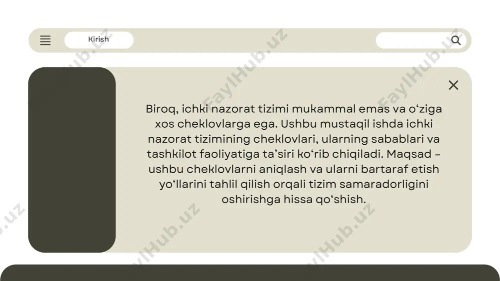 . foydalanilgan adabiyotlar 1.“auditda ichki nazorat tizimi.” tech-story.net. 2.“ichki nazorat tizimi va ichki auditga qo‘yilgan talablar.” fayllar.org. 3.“ichki nazorat tizimi: tuzilishi va birliklari.” uz.birmiss.com. e’tiboringiz uchun rahmat!
