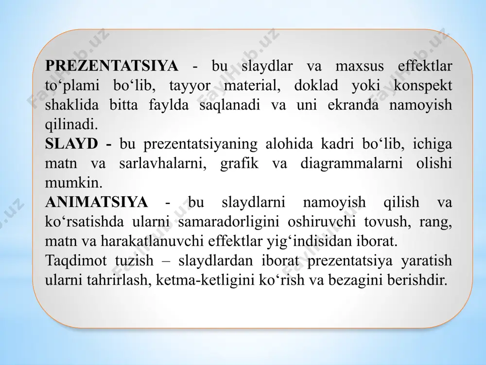 a «ms word dasturining главная menyusi va uni sozlash» matnini kiritamiz. shrift razmerini 44, rangini osmon rangi qilib tanlaymiz. 2. tekst slayda oynasiga «ms word dasturining главная menyusi va uni sozlash» rasmini kiritamiz. 3-topshiriq. «ms word dasturining вставка menyusi va uni sozlash» nomli slayd tashkil qilamiz. 1. slayd zagolovok oynasiga « ms word dasturining вставка menyusi va uni sozlash » matnini kiritamiz. shrift razmerini 44, rangini osmon rangi qilib tanlaymiz. 2. ms word dasturining вставка menyusi rasmini kiritamiz. 4-topshiriq. «microsoft word dasturida jadvallar bilan ishlash» nomli slayd tashkil qilamiz. 1. slayd zagolovok oynasiga «microsoft word dasturida jadvallar bilan ishlash»matnini kiritamiz. shrift razmerini 44 deb olamiz. 2. tekst slayda oynasiga таблица muloqot oynasi rasmini kiritamiz. 5-topshiriq. “microsoft word matn prosessorida rasm va sxemalar chizish”. nomli slayd tashkil qilamiz. 1. slayd zagolovok oynasiga «microsoft word matn prosessorida rasm va sxemalar chizish» matnini kiritamiz. shrift razmerini 44 deb olamiz. 2. microsoft word da …