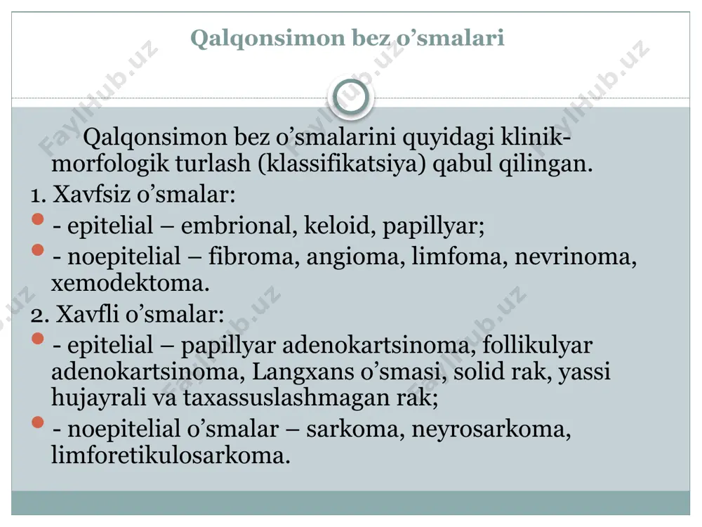 slashgan turlarida, metastazlarga gumon tutilgan limfa tugunlariga yoki a’zolarga ta’sir etish uchun radioaktiv yod tayinlanadi. qalqonsimon bezi rakining follikulyar va papillyar turlarida davo natijalari birmuncha yaxshi. diffuz toksik buqoq diffuz toksik buqoq (bazed kasalligi, tireotoksikoz, tireotoksik buqoq) – endokrin kasallik bo’lib, tireoid gormonlar sekretsiyasining nihoyatda ortishi natijasida paydo bo’ladi va turli a’zolar hamda sistemalarda og’ir buzilishlar bilan kechadi. klinikasi va diagnostikasi tireotoksikozning rivojlanish darajasi hamisha ham qalqonsimon bezning kattalashuv darajasiga bog’liq bo’lavermaydi: ba’zan bez o’lchamlari kichik bo’lsa ham tireotoksikozning rivojlanish darajasi yuqori, yoki aksincha, bez o’lchamlari katta bo’lgani bilan tireotoksikoz deyarli rivojlanmasligi mumkin. demak, buqoq kasalligida qalqonsimon bez hajmining katta-kichikligi klinik belgilarining og’ir-engilligiga hamisha ham muvofiq kelavermaydi. kezi kelganda shuni aytish kerakki, tireotoksikozning rivojlanish darajasining yuqoriligi, ko’pincha sporadik buqoqda yaqqolroq namoyon bo’ladi. klinikasi va diagnostikasi endemik buqoqda esa, ko’pincha qalqonsimon bez hajmining kattalashgan (yoki juda katta) bo’lganligiga qaramay, tireotoksikoz darajasi pastligi yoki umuman aniqlanmasligi mumkin. shu sababdan, agar sporadik buqoqda …