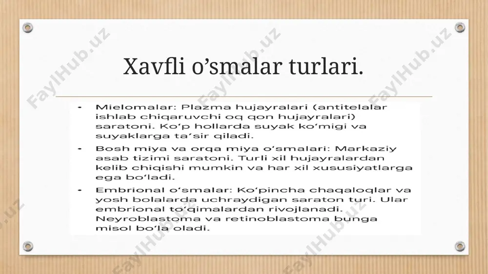 lik qulay sharoitda xavfli turga aylanadi. mana shu davrda xavfli o‘smalarning dastlabki simptomlari paydo bo‘lishi mumkin. shuning uchun kasallikni ushbu bosqichda aniqlash maqsadga muvofiqdir. simptomlari. xavfli o‘sma kasalliklarining asosiy klinik simptomlari: mahalliy (tugunli o‘smaning aniqlanishi, o‘choqli o‘zgarishlar, o‘smadan qon ketishi, yaralanishi, undan turli ajralmalarning hosil bo‘lishi, og‘riq, boshqa a’zolar faoliyatining buzilishi va boshqalar; umumiy (tana harorati ko‘tarilishi, varaja, terlash, uyqusizlik, kaxeksiya, havo yetishmasligi, qorinda og‘riq, qorin va ko‘krak bo‘shlig‘ida suyuqlik yig‘ilishi va boshqalar); o‘smaning metastatik zararlanish simptomlari (patologik sinish, og‘riq sindromi, havo yetishmasligi, qorin va ko‘krak bo‘shlig‘ida suyuqlik yig‘ilishi, ichki a’zo faoliyatining buzilishi, nevrologik buzilish va boshqalar). davolash. agar o'sma hayot uchun muhim bo‘lgan aʼzolar(jinsiy aʼzo, boshdagi liqildoq, ko‘z, burun, og‘iz) yaqinida joylashgan bo‘lsagina unga muz yordamida mahalliy taʼsir ko‘rsatish mumkin. xavfsiz o‘smani jarrohlik yo‘li bilan yo‘qotishning samarali usullaridan biri bu shikastlangan qon tomirlarini lazer nuri yordamida olib tashlash(koagulyasiya) hisoblanadi. bu usul yordamida jarrohlik opreatsiyasi bajarilganida kasallikning qaytalanish ehtimoli sezilarli …