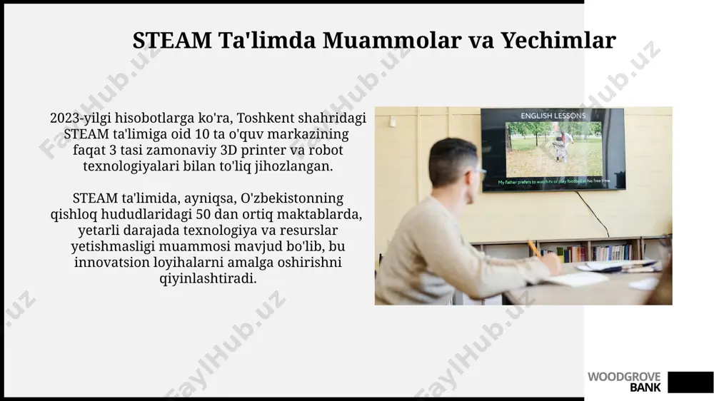 ituvchi muhokama va savol-javoblar metodikasi orqali steam integratsiyasi bo‘yicha tajriba almashishdi va 3 ta yangi loyiha taklifi ishlab chiqdilar. woodgrove bank steam ta'lim va 21-asr ko'nikmalari steam ta'lim dasturi doirasida 7-sinf o'quvchilari uchun 3d printerlar va robot texnologiyalari yordamida amaliy loyihalarni ishlab chiqish bo'yicha 5 kunlik intensiv kurslar samarqand shahrida o'tkazildi. steam ta'lim yondashuvi o'zbekistonning 12 ta viloyatida 500 dan ortiq maktabda 21-asr ko'nikmalarini rivojlantirishga qaratilgan innovatsion dasturlarni amalga oshirmoqda. woodgrove bank steam ta'lim yondashuvining mohiyati o'quv jarayonida 3d printerlar, robot texnologiyalari va virtual reallik kabi zamonaviy texnologiyalar qo'llanilib, toshkent shahridagi ta'lim muassasalarida steam ta'limining samaradorligini oshirishga xizmat qilmoqda. steam yondashuvi, andijon viloyatida 2023 yilda 15 ta maktabda sinovdan o'tkazilib, o'quvchilarning muammo yechish qobiliyatlarini 20% ga oshirdi. woodgrove bank steam ta'limning kelajagi steam ta'limining kelajagi sun'iy intellekt, mashinani o'rganish va katta ma'lumotlar tahlili kabi texnologiyalarni qo'llash orqali 7 yoshdan 17 yoshgacha bo'lgan bolalar uchun individual ta'lim dasturlarini shakllantirishni o'z ichiga …