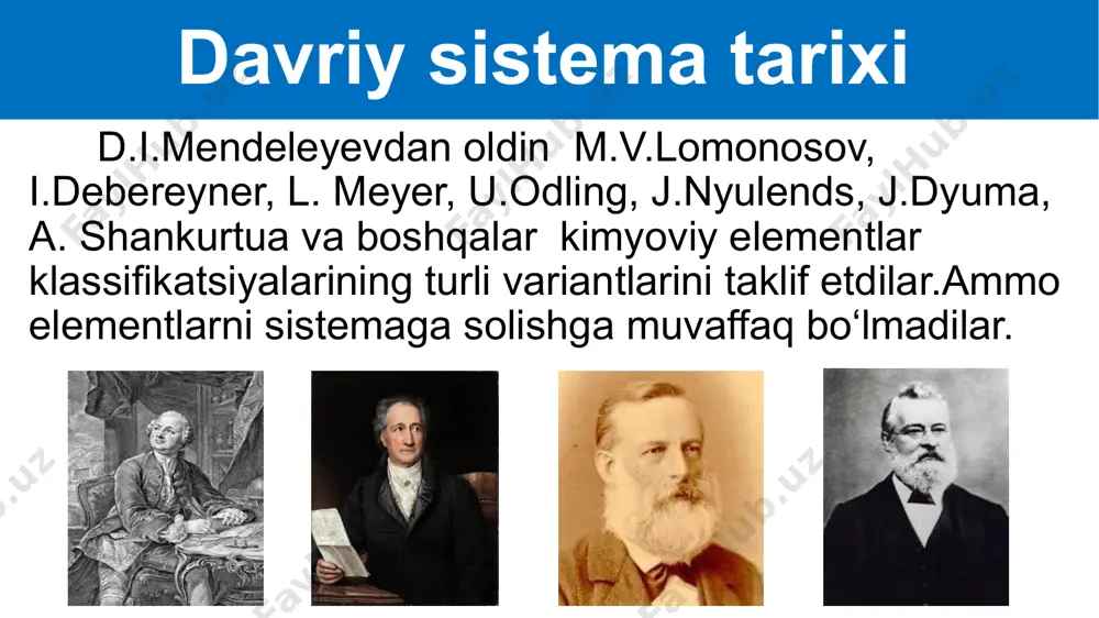 r bir davr ishqoriy metallardan boshlanib, inert gazlar bilan tugaydi. davriy sistemada vertikal bo‘yicha 8 ta gruppa joylashgan.odatda ,elementning eng yuqori musbat oksidlanish darajasi gruppa raqamiga teng.ftor bundan mustasno,uning oksidlanish darajasi -1 ga teng. cu, ag,au +1,+2,+3 oksidlanish darajalarini namoyon qiladi. osmiy, ruteniy va ksenon +8 oksidlanish darajalarini namoyon qiladi. 1962 yilda nodir gazning birinchi kimyoviy birikmasi –ksenon tetraftorid xef4 olindi. hozirgi paytda nodir elementlar kimyosi jadal rivojlanmoqda i ii iii iv v vi vii viii ii +1 li2o +2 beo +3 b2o3 +4 co2 +5 n2o5 iii +1 na2o +2 mgo +3 al2o3 +4 sio2 +5 p2o5 +6 so3 +7 cl2o7 davrlar guruhlar elementlarning kislorodli birikmalarida valentligi i ii iii iv v vi vii viii ii li2o beo b2o3 co2 n2o5 lioh be(oh)2 h3bo3 h2co3 hno3 asoslar o‘zgaruvchan kislotali iii na₂o mgo al₂o₃ sio₂ p₂o₅ so₃ cl₂o₇ naoh mg(oh)₂ al(oh)₃ h₂sio₃ h₃po₄ h₂so₄ hclo₄ asosli o‘zgaruvchan kislotali elementlar xossalarining …