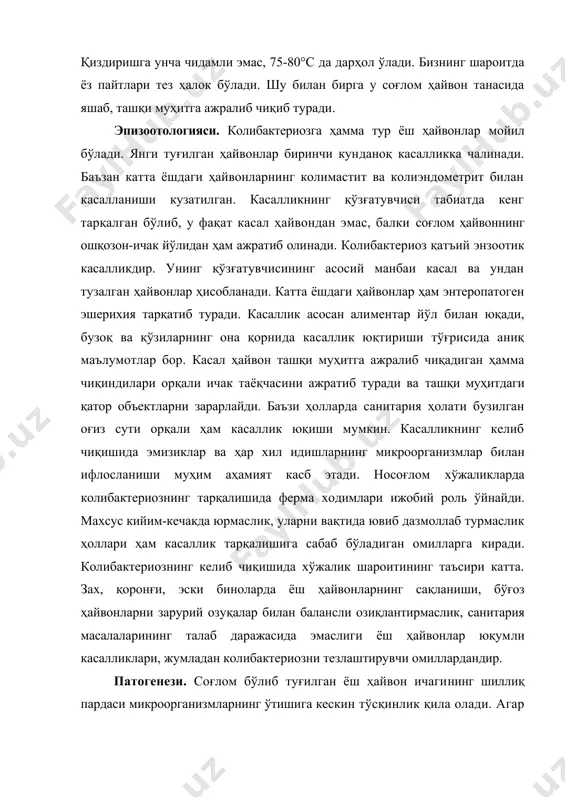 тади. микроорганизм чиқарган эндотоксин яллиғланиш жараёнини келтириб чиқаради. яллиғланиш жараёни эса ўз навбатида микроорганизмларнинг янада чуқурроқ кириб боришига имкон беради. шу билан бирга, ичак перистальтикаси кучаяди. бу қитиқловчи агентни ташқарига чиқариш учун вужудга келадиган рефлектор ҳимоя воситасидир. агар ҳимоя воситаси кучсизлик қилса, ичак таёқчалари лимфатик тугунлар ва қонга ўтиб, септик жараён юзага келади. кучли ич кетиш рўй бериб, организмда сувсизланиш ҳолати рўёбга чиқади. қонда бактерия кўпайиб ривожланиб бутун организмга тарқалади, токсини орқали марказий нерв системасига таъсир этиб, унинг функциясини бузади. натижада коматоз ҳолат пайдо бўлади. кечиши ва клиник белгилари. касалликда яширин давр бир неча соатдан бир суткагача давом этиб, клиник белгилар ҳамма ёш ҳайвонларда асосан бир-хил бўлади. касаллик тўсатдан тана ҳароратининг кўтарилиши билан бошланиб, юрак уриши, нафас олиш тезлашади. касал ҳайвон ётади, тумшуқлари қуруқ бўлиб, кўз шиллиқ пардалари қонталашади. 1-2 кун ўтгач, септик ҳолатга энтерит қўшилади. ич сувдек кетади, унга кўпиксимон, ҳаво пуфакчалари аралашган, оқ-кўкимтир рангда, ачимсиқ ҳидли бўлади. ҳазм …