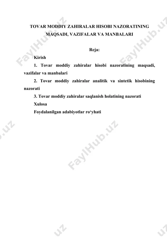 ibida aks ettirish; 2. tovar moddiy zahiralariini kelib tushishi, ularning tashkilot hisobidan chiqarilishi, shuningdek, saqlanishi va maqsadli sarflanishi ustidan nazorat qilish; 3. tovar moddiy zahiralari va xarajatlarning belgilangan me’yorlarini kuzatib borish; 4. belgilangan tartibda realizatsiya qilinishi lozim bo’lgan fodalanilmayotgan materiallarni o’z vaqtida aniqlash; 5. tovar moddiy zahiralari harakatini xujjatlarda to’g’ri rasmiylashtirish hamda hisob registrlaridda o’z vaqtida qayd etish; 6. tovar moddiy zahiralarini harakatini buxgalteriya schyotlarida to’g’ri va o’z vaqtida aks ettirish. budjet tashkilotlarida materiallar bo’yicha moliya yili oxiriga bo’lgan qoldiqlar aniqlangan me’yorlar asosida tahlil qilinadi. agar budjet tashkilotining moliya yili oxirida bo’lgan materiallar bo’yicha qoldiq qiymati belgilangan limitdan ortiqcha bo’lsa, keyingi moliya yilida budjet mablag’lari bo’yicha xarajatlar smetasida materiallar sotib olish uchun kiritilgan summa limitdan ortiq summaga kamaytiriladi. tovar moddiy zahiralarii o’rnatilgan me’yorlarni aniqlash uchun belgilang ko’rsatkichlar “o’zbekiston respublikasi davlat budjetini tuzish va ijro etish qoidalari” (o’zbekiston respublikasi adliya vazirligida 2002 yil 14 martda 1111-son bilan ro’yhatga olingan)da keltirilgan. 1-jadval …